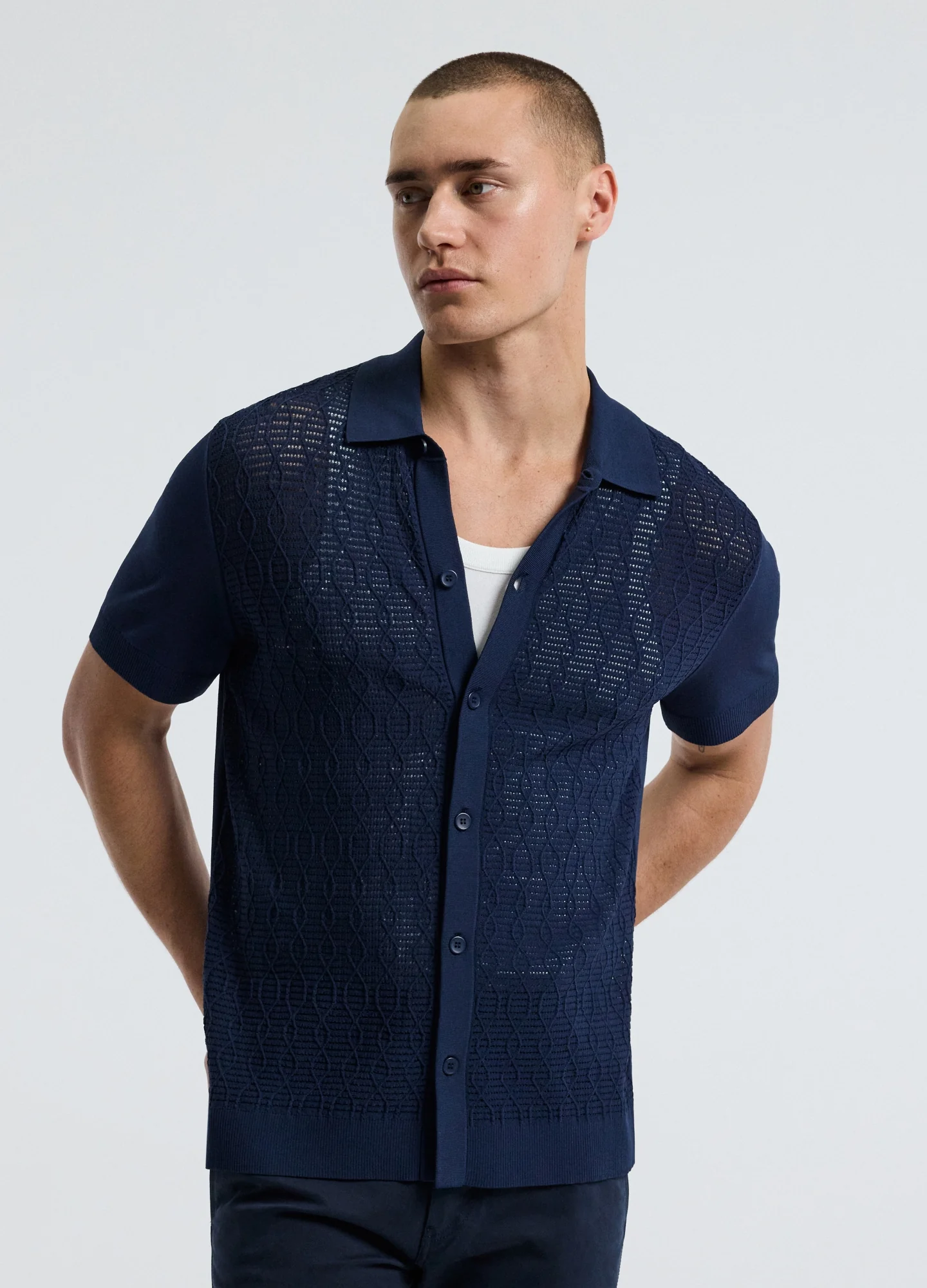 Cable Short Sleeve Knit Shirt Royal Blue - Image 3
