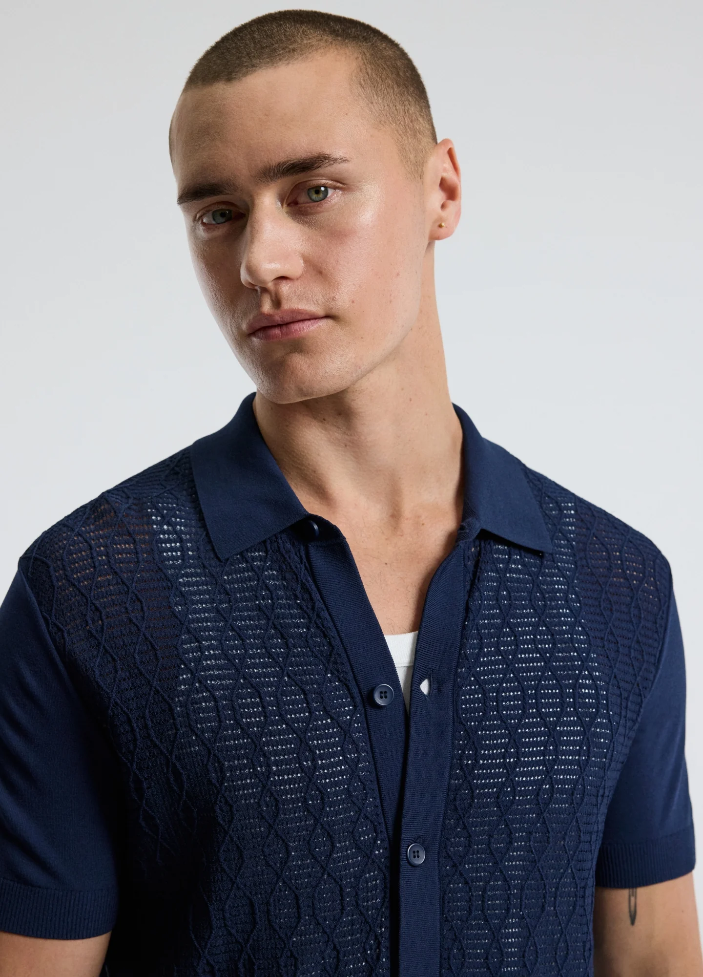 Cable Short Sleeve Knit Shirt Royal Blue - Image 4