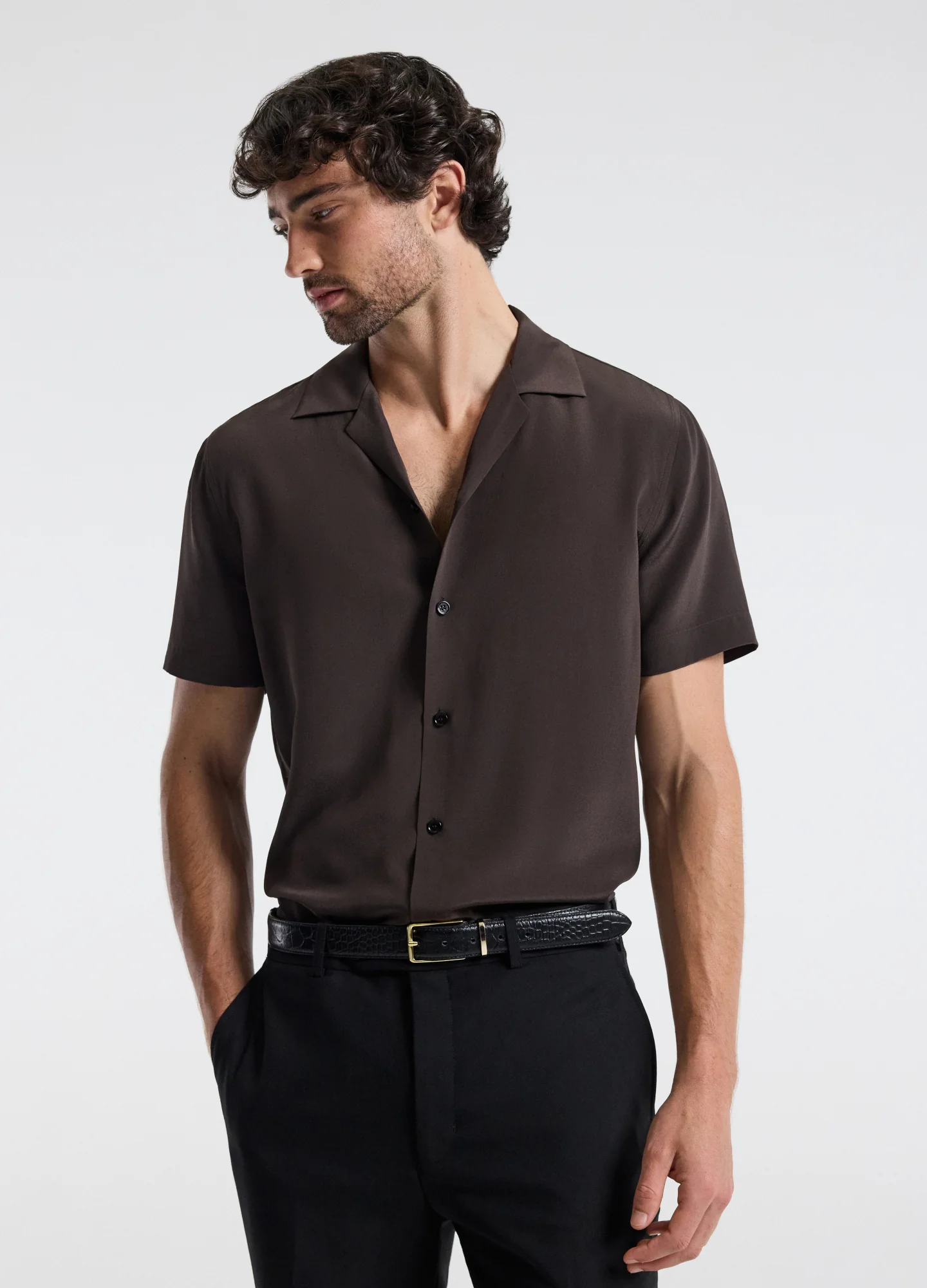 Camp Collar Silk Shirt Espresso - Image 3