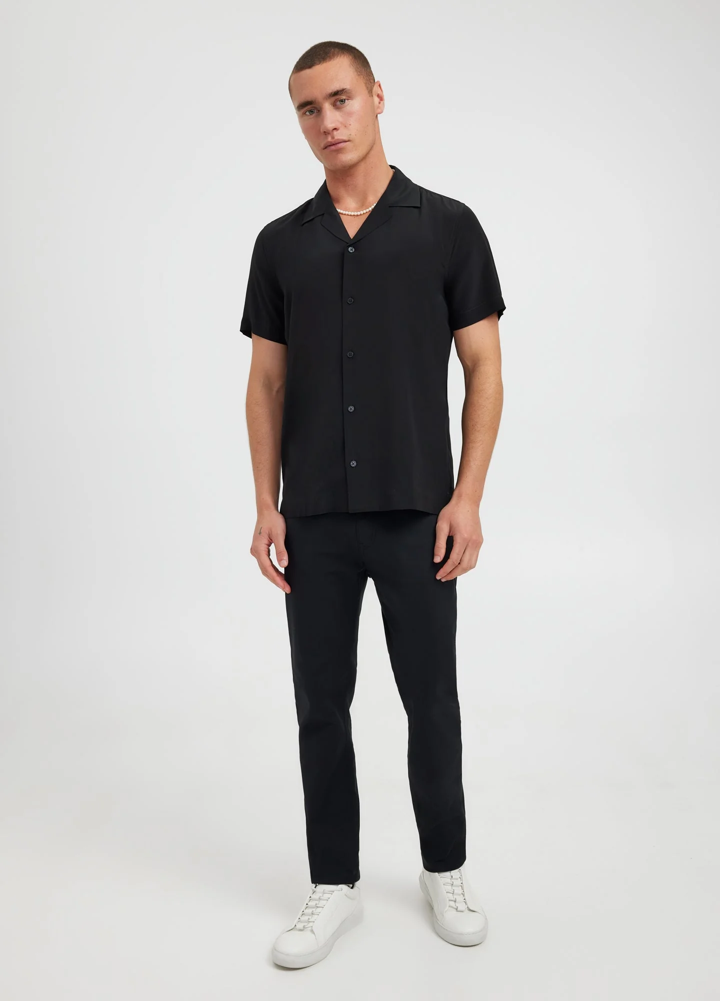 Camp Collar Silk Short Sleeve Shirt Black - Image 3