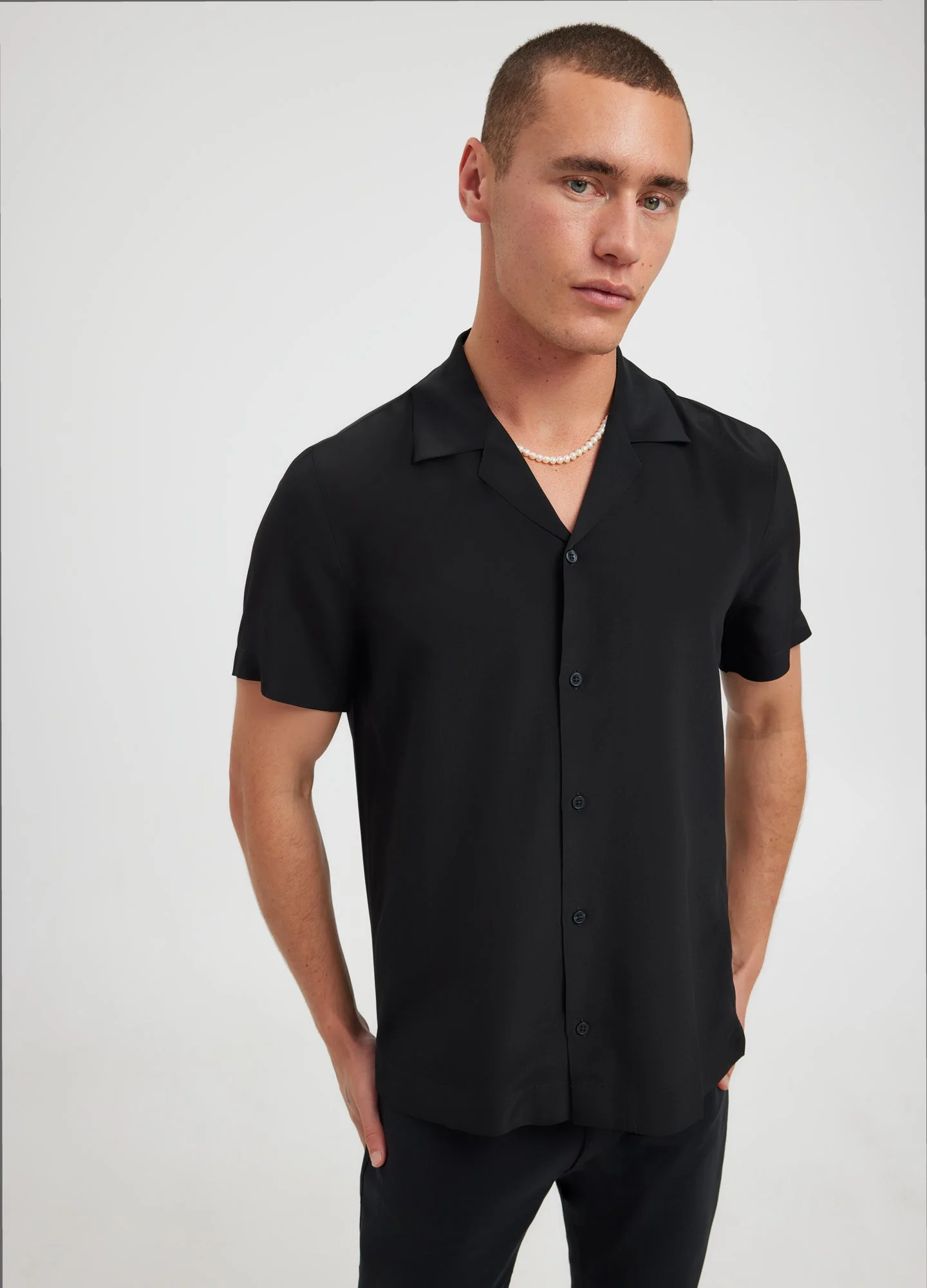 Camp Collar Silk Short Sleeve Shirt Black - Image 4