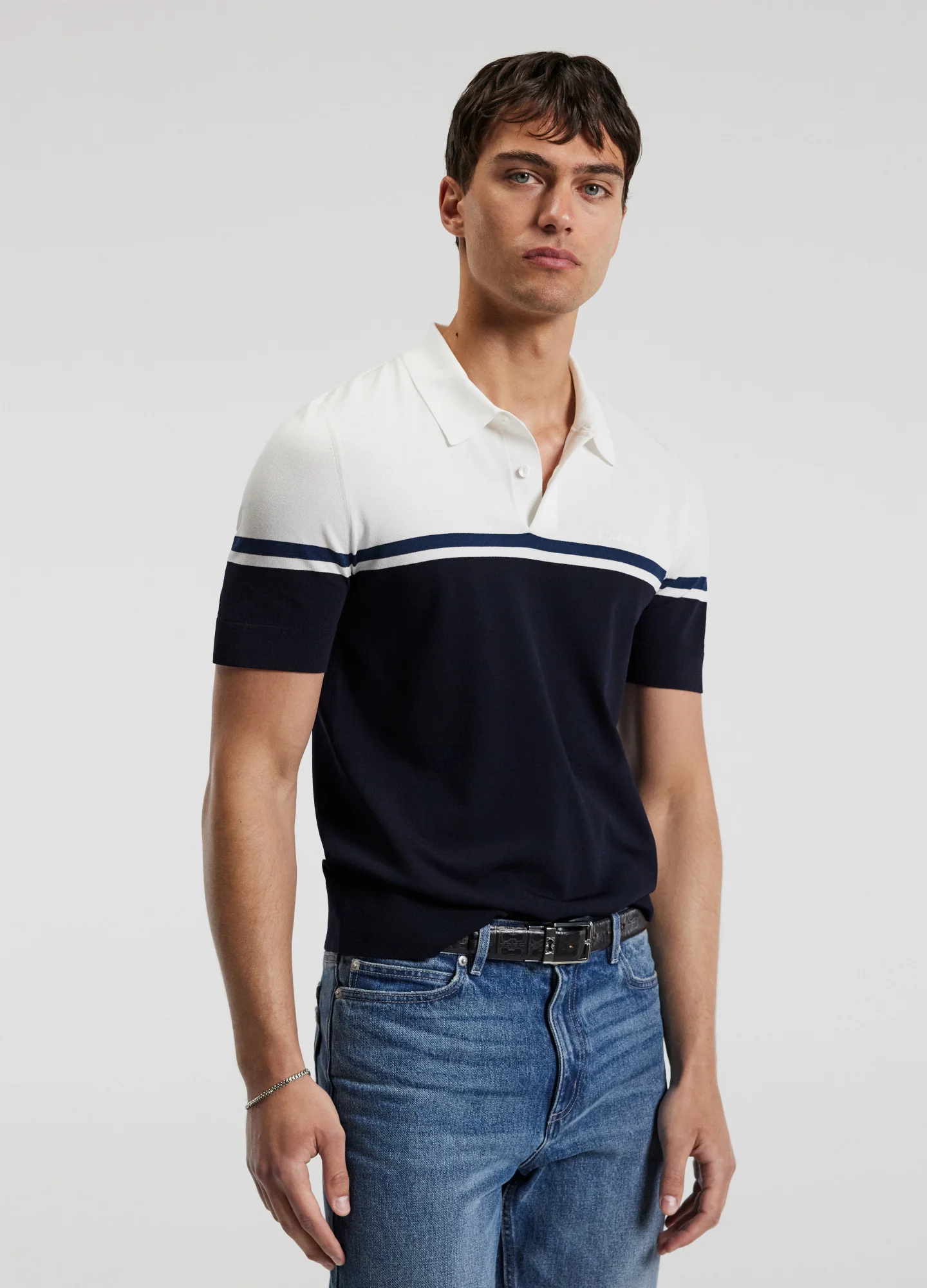 Contrast Block Stripe Polo Navy - Image 3