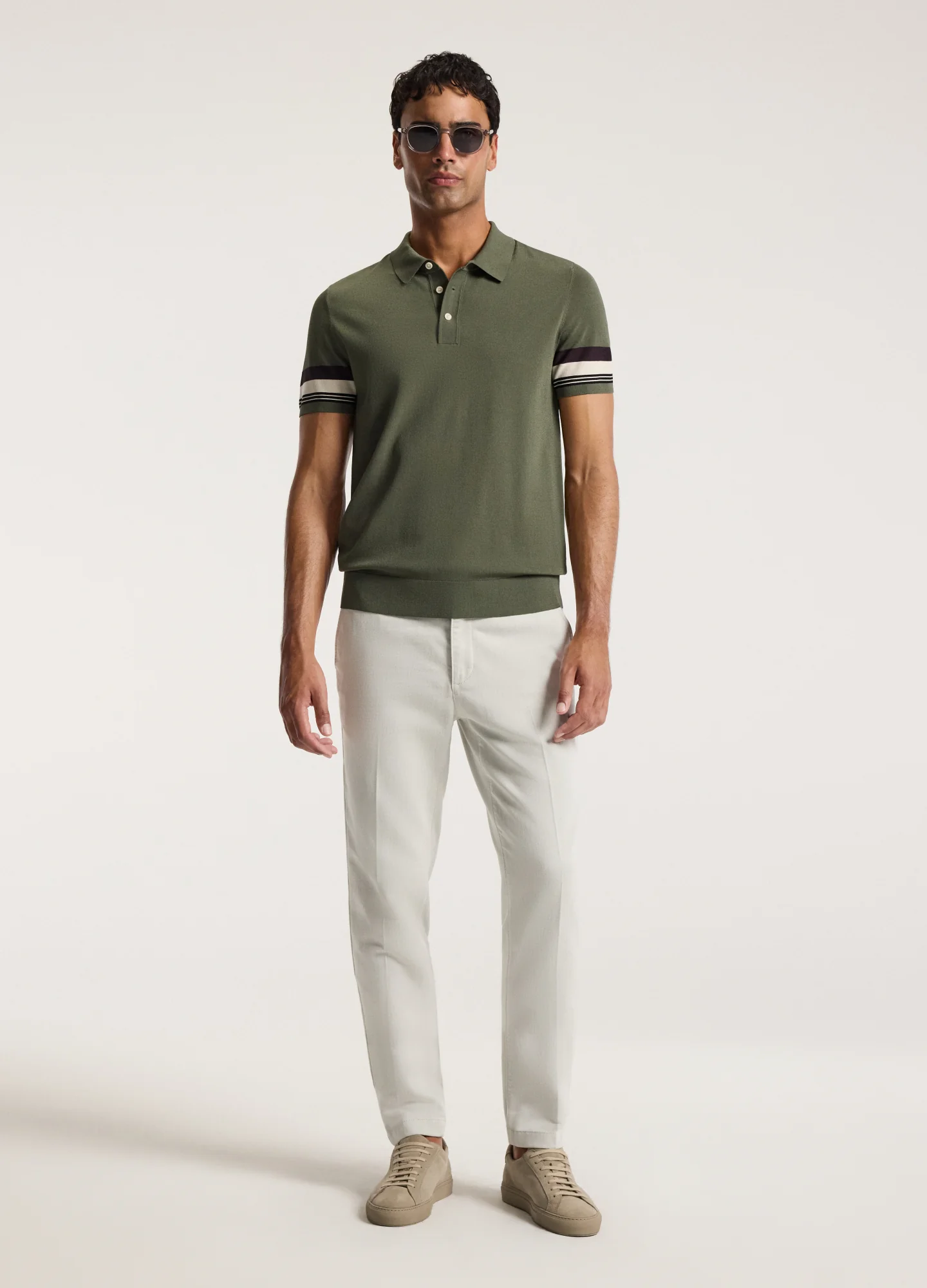 Contrast Cuff Technical Knit Polo Khaki - Image 2