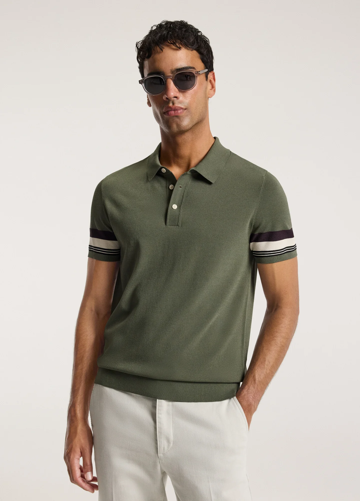 Contrast Cuff Technical Knit Polo Khaki - Image 3