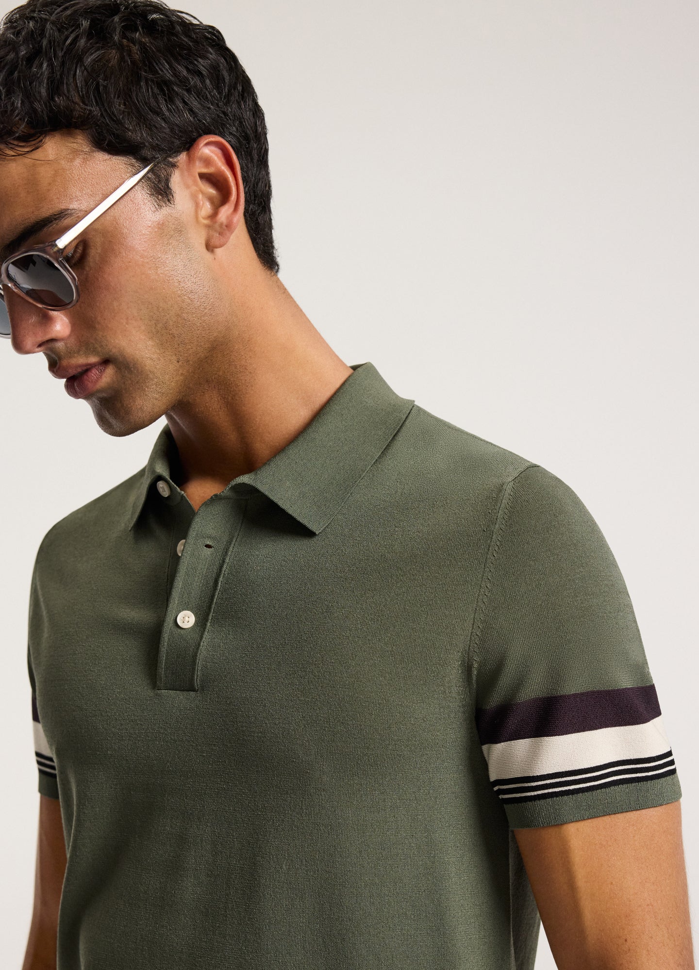 Contrast Cuff Technical Knit Polo Khaki - Image 4