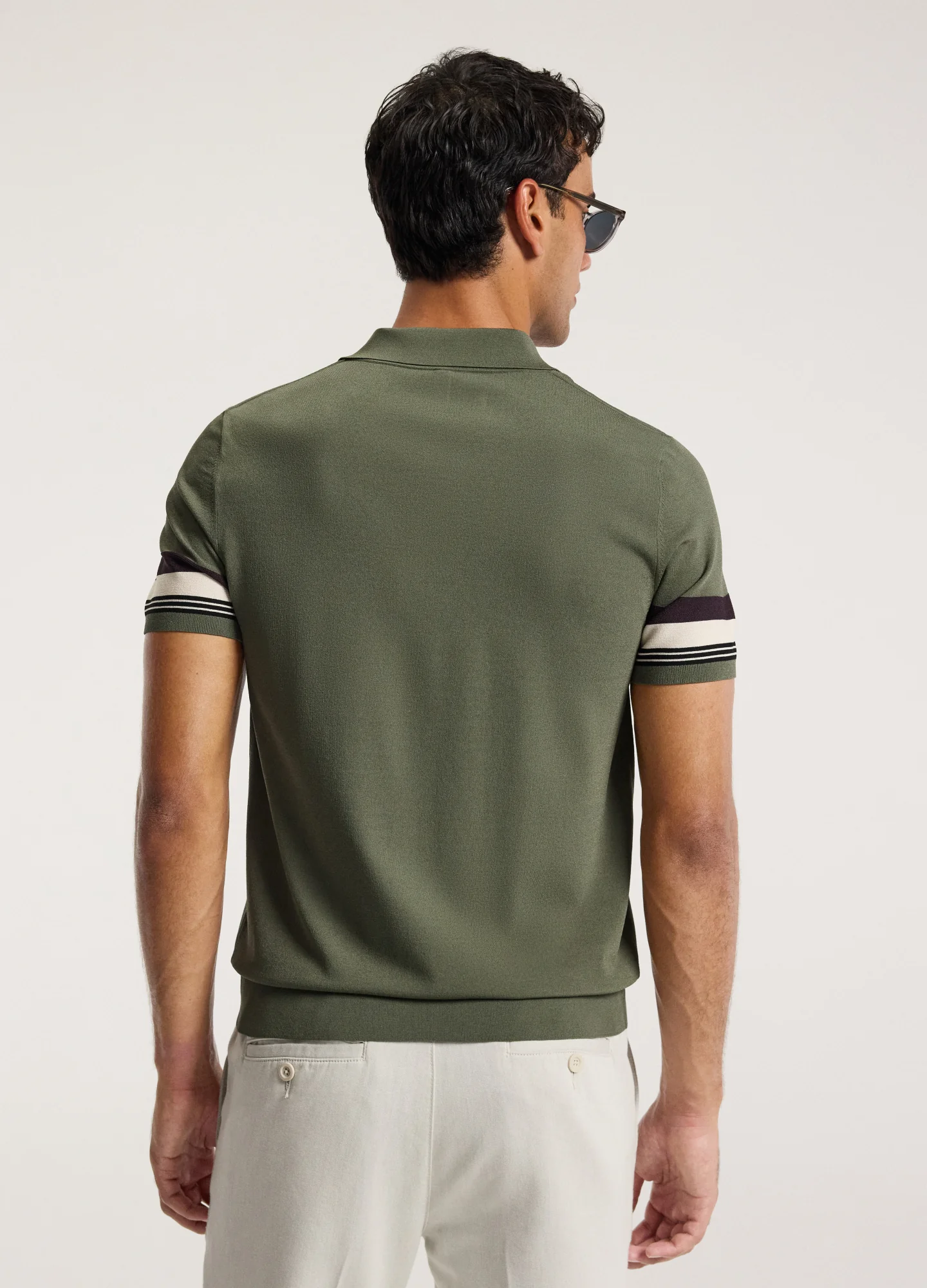 Contrast Cuff Technical Knit Polo Khaki - Image 5