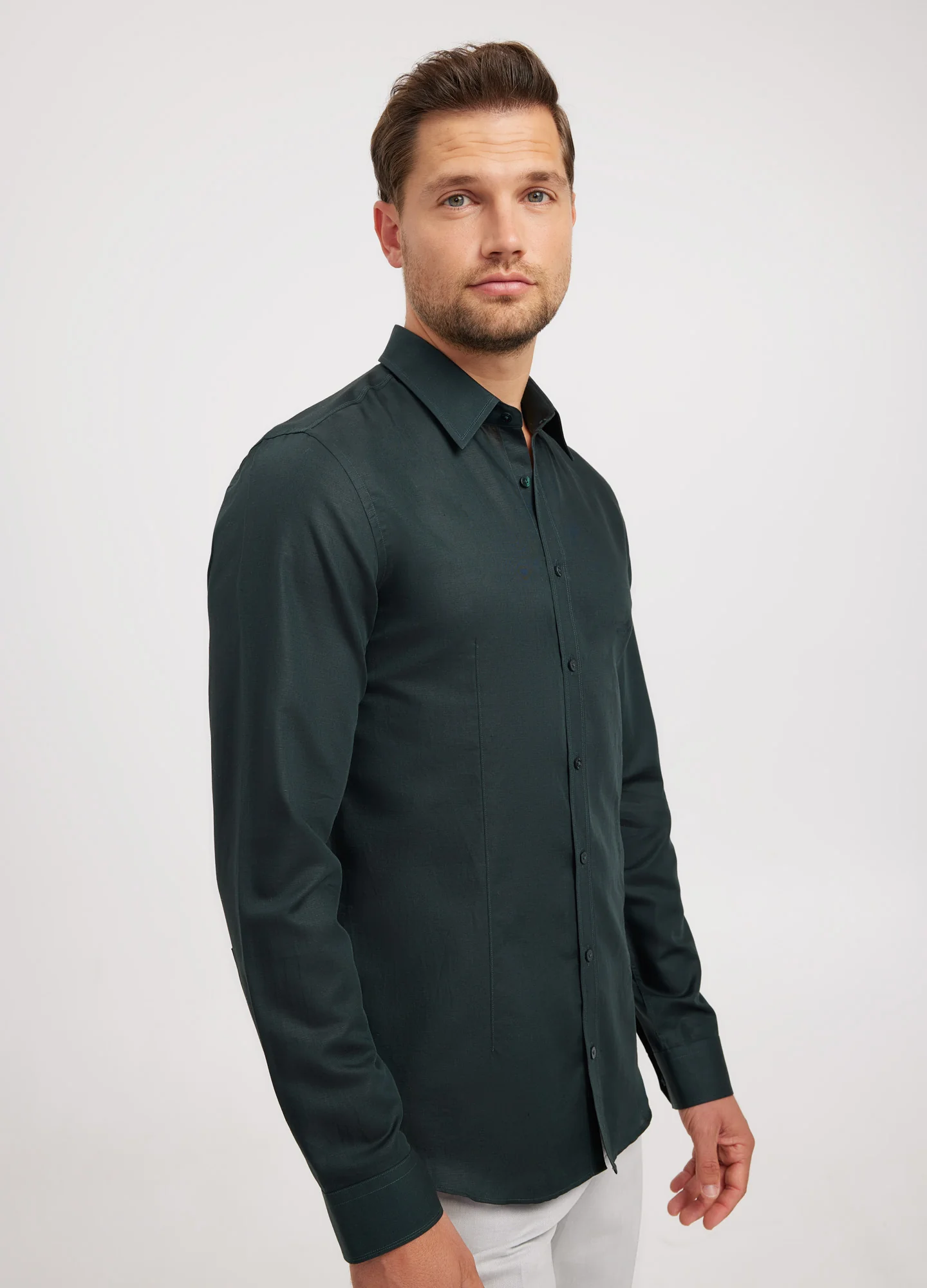 Cotton Linen Shirt Dark Green - Image 3