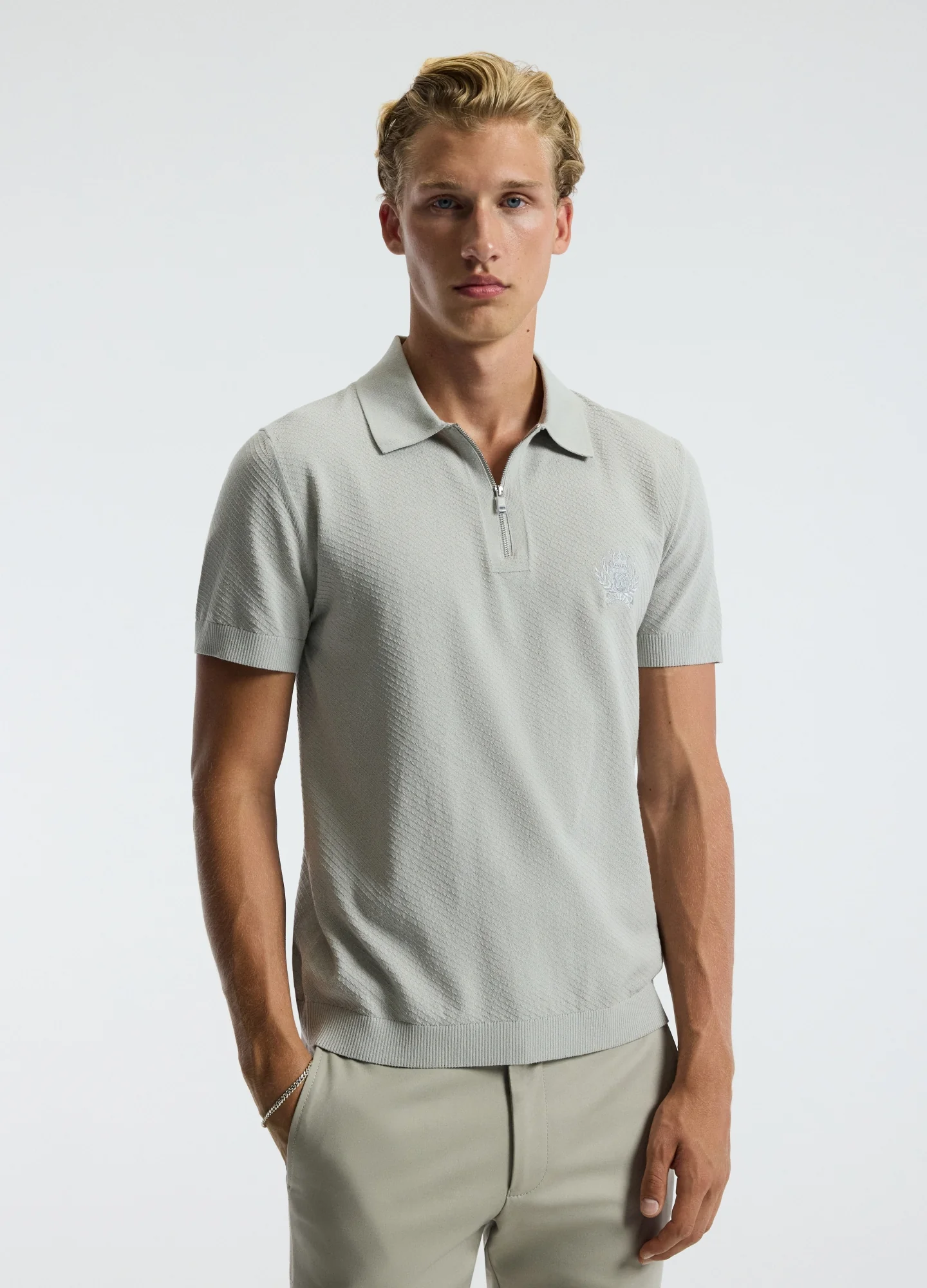 Cotton Zip Neck Polo Silver - Image 3