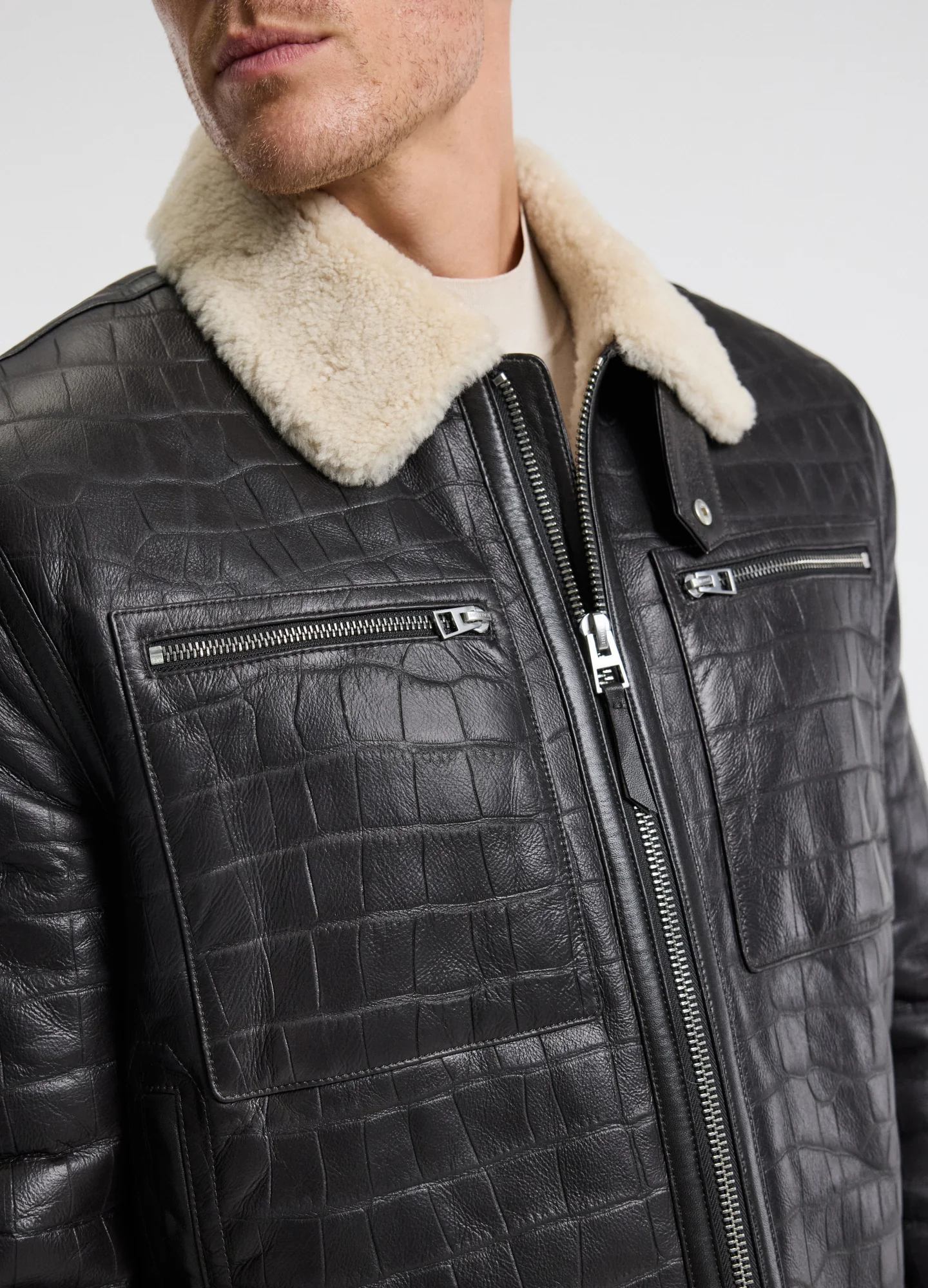 Croc Embossed Leather Shearling Jacket Chocolate - Image 3