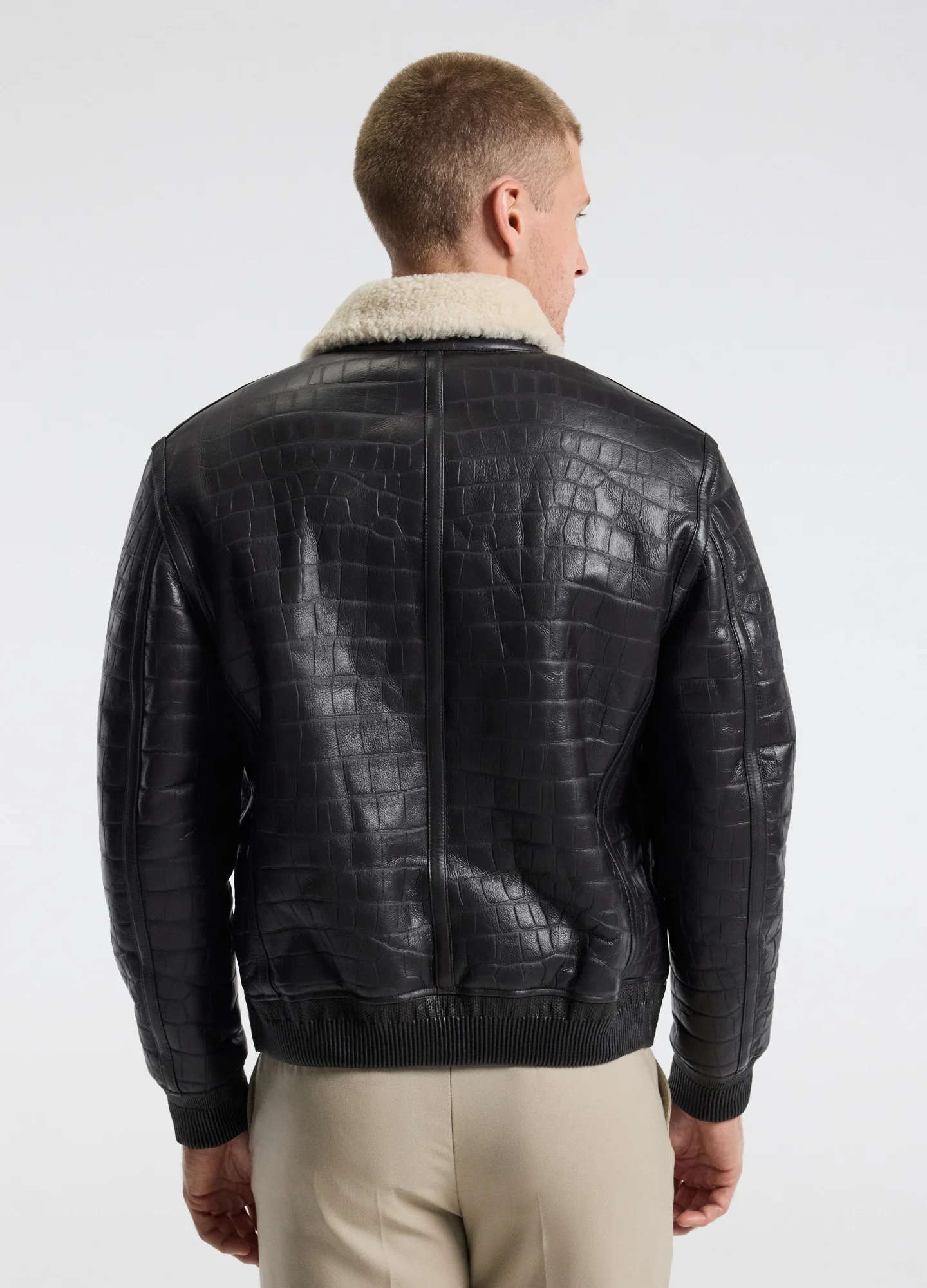 Croc Embossed Leather Shearling Jacket Chocolate - Image 4
