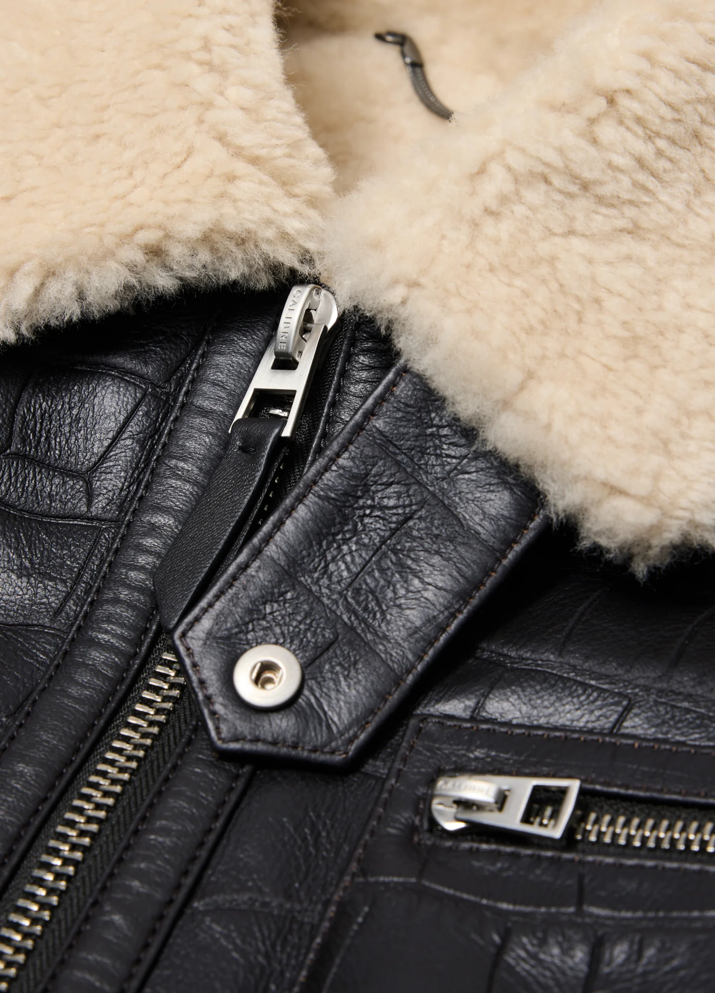 Croc Embossed Leather Shearling Jacket Chocolate - Image 5