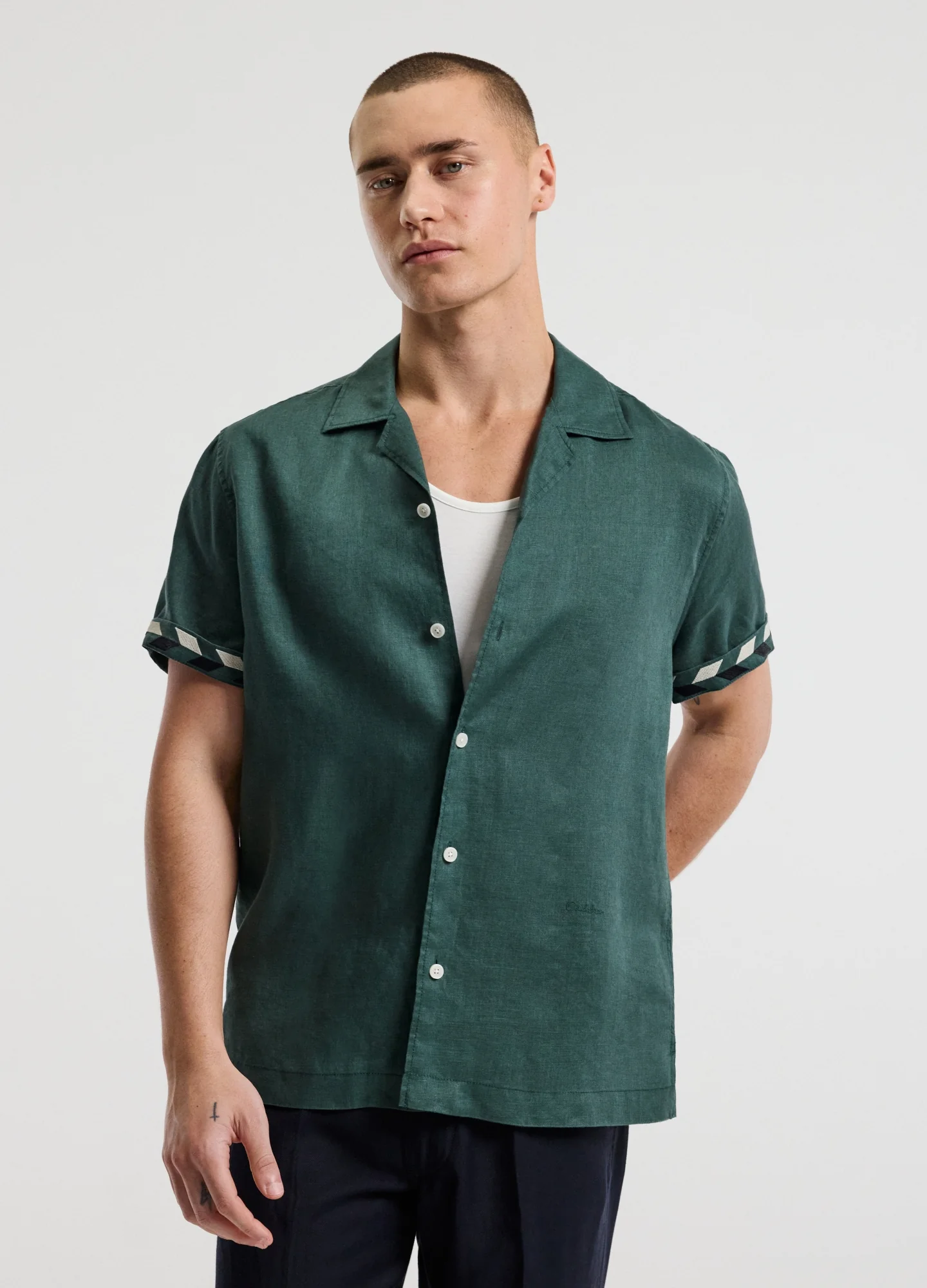 Cuff Detail Short Sleeve Linen Shirt Sea Green - Image 3