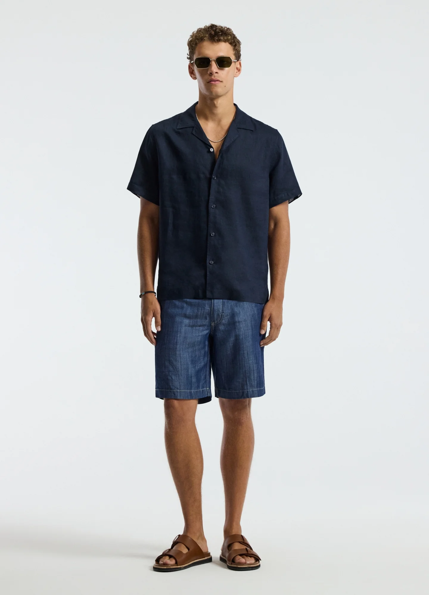 Cuff Detail Short Sleeved Linen Shirt Navy - Image 2