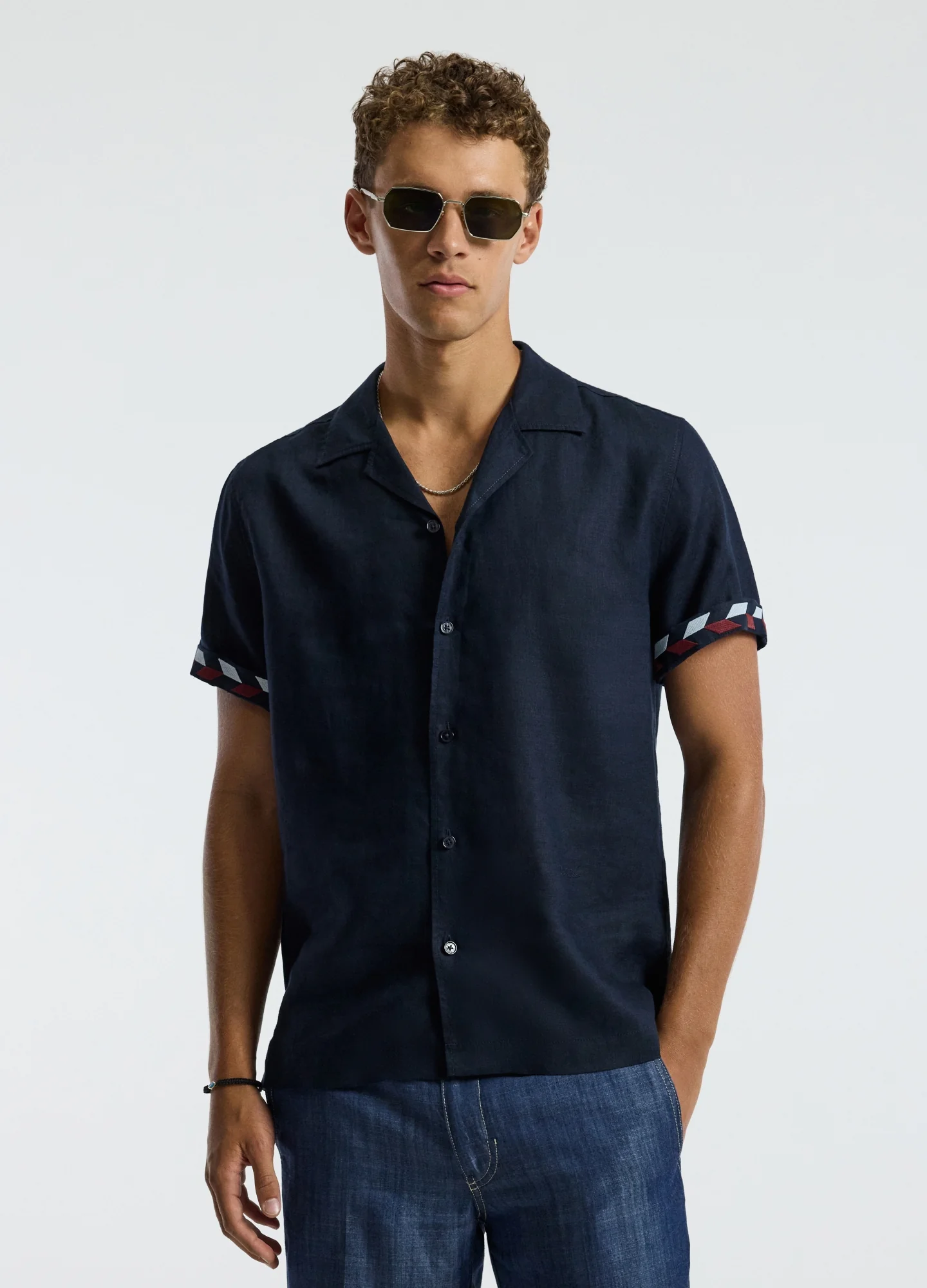 Cuff Detail Short Sleeved Linen Shirt Navy - Image 3