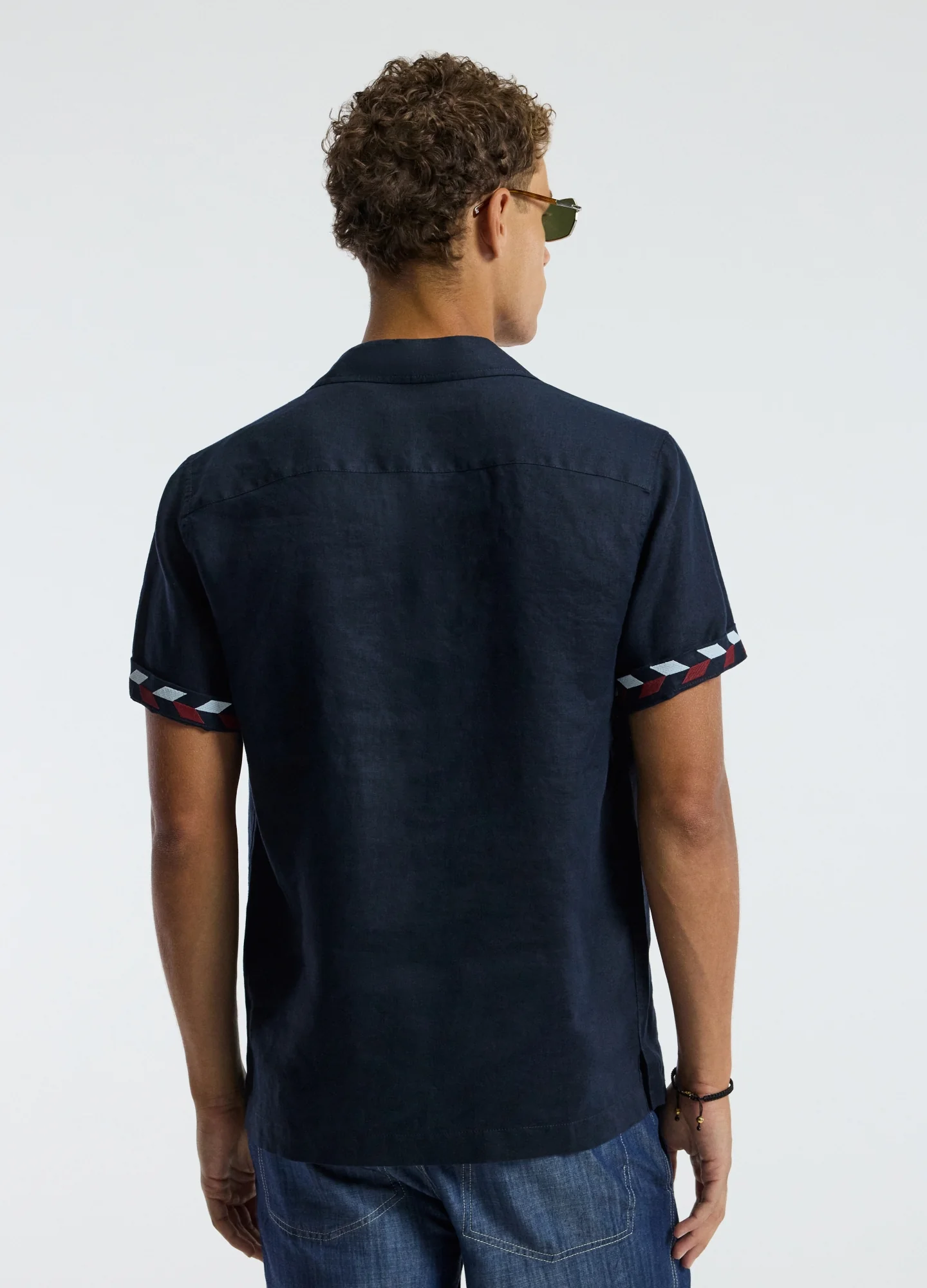 Cuff Detail Short Sleeved Linen Shirt Navy - Image 5