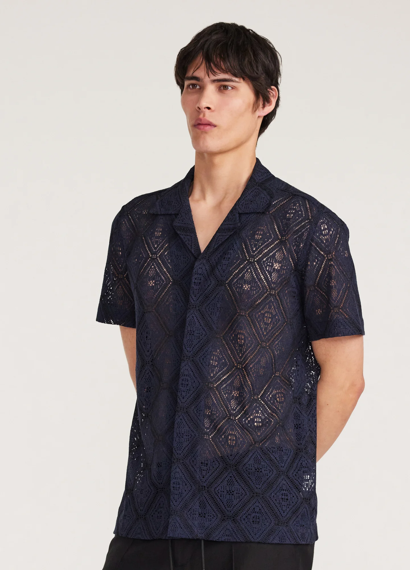 Duo Tone Lace Short Sleeve Shirt Navy - Image 3