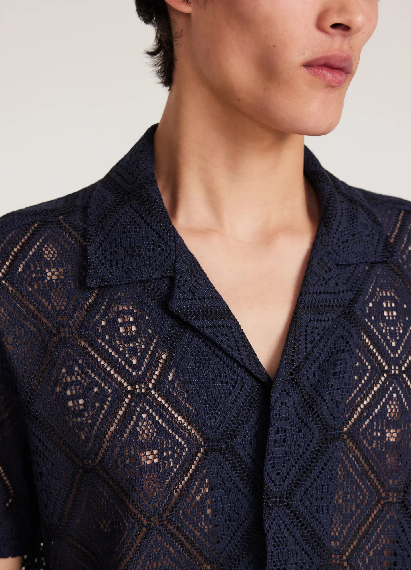 Duo Tone Lace Short Sleeve Shirt Navy - Image 4