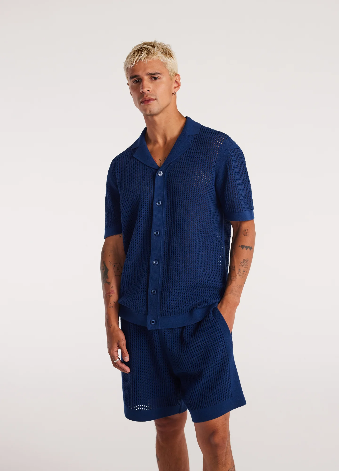 Eyelet Mesh Knit Shirt Delft Blue - Image 3