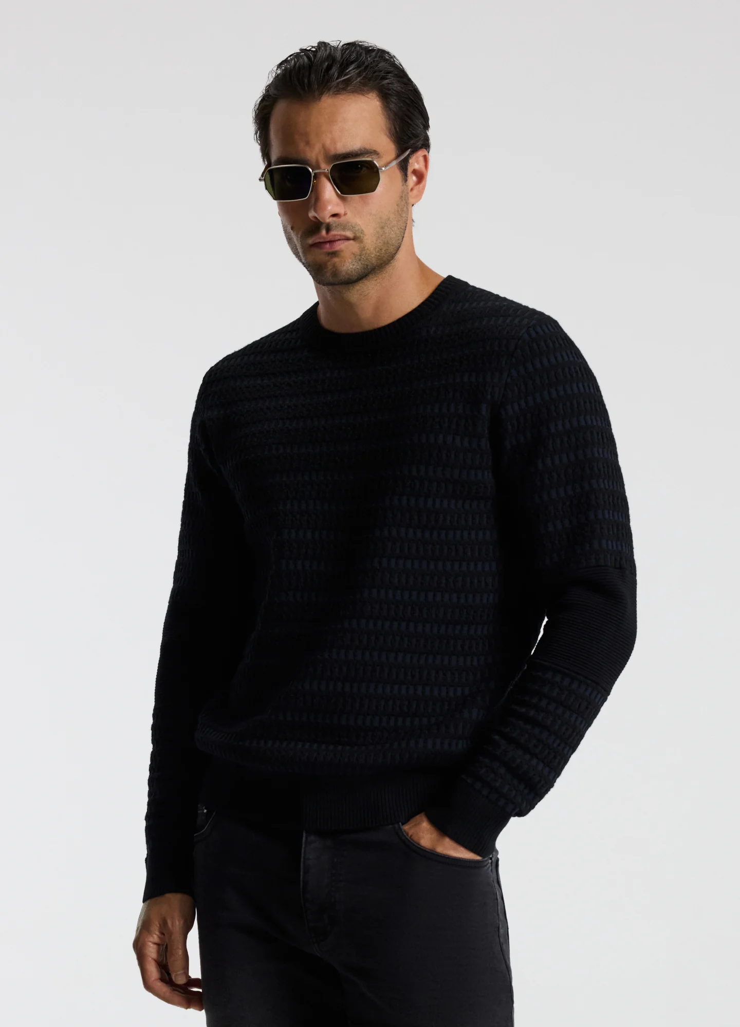 Geometric Jacquard Crew Neck Sweater Navy - Image 3