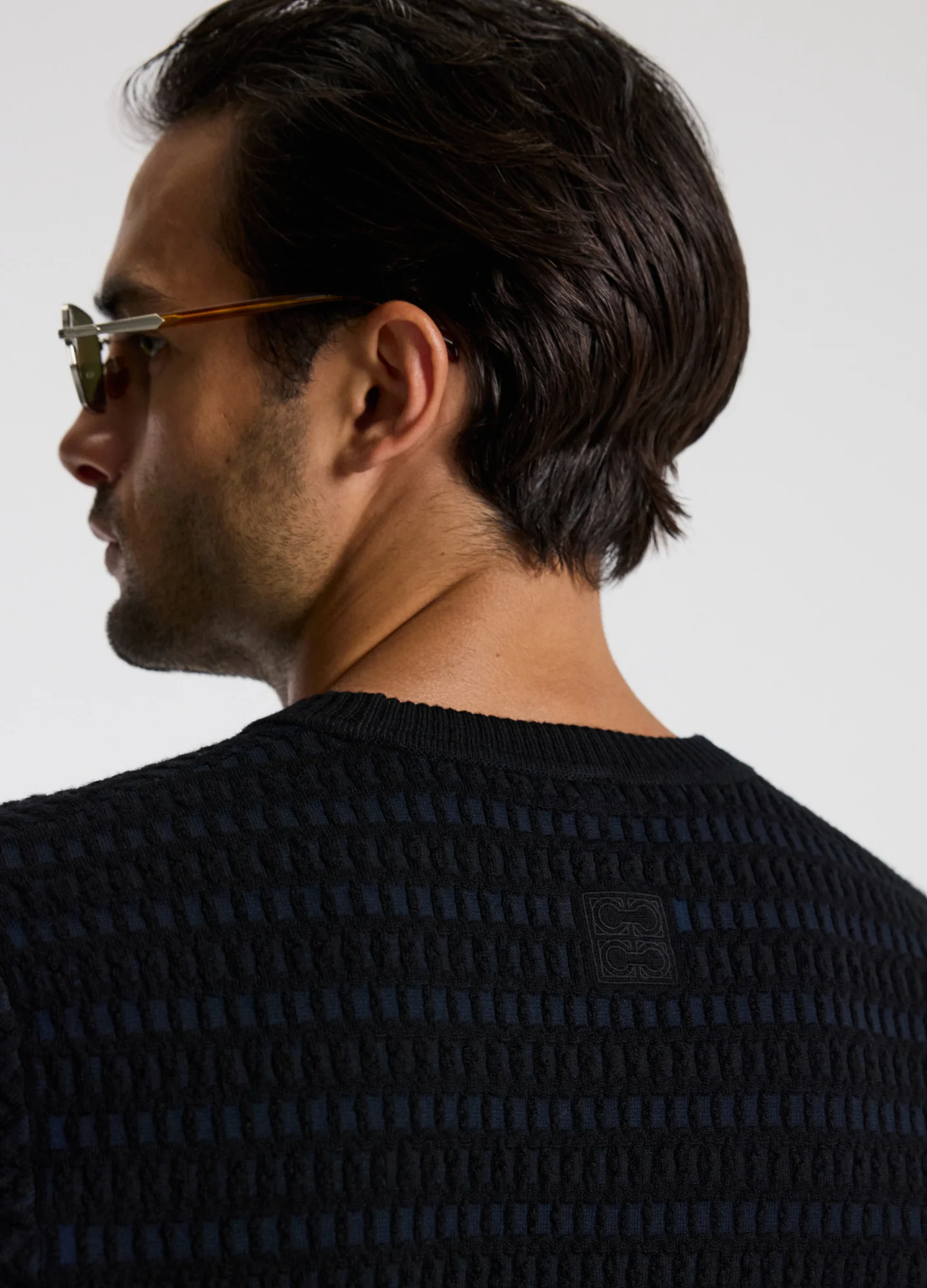 Geometric Jacquard Crew Neck Sweater Navy - Image 4