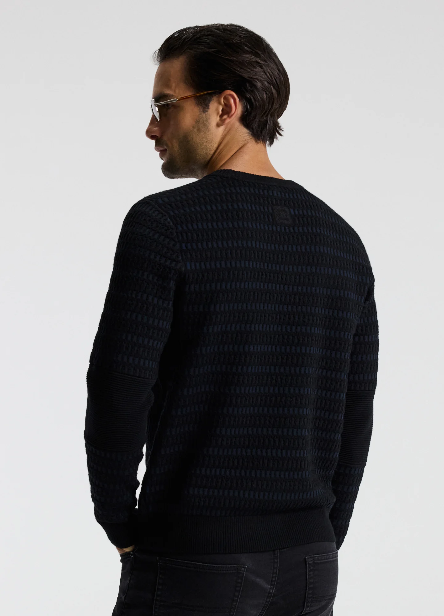 Geometric Jacquard Crew Neck Sweater Navy - Image 5
