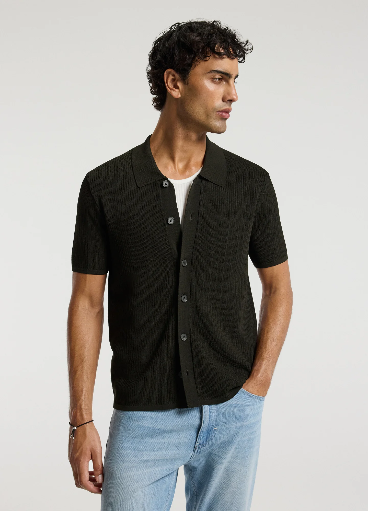 Linear Rib Knit Shirt Dark Khaki - Image 3