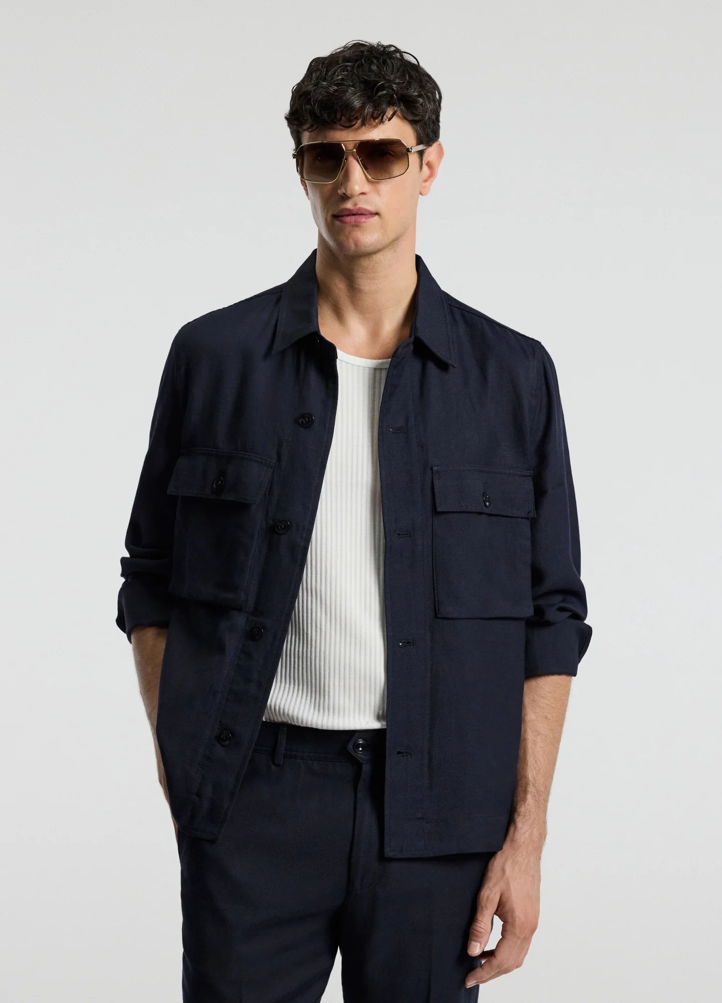 Linen Blend Shirt Jacket Navy - Image 3