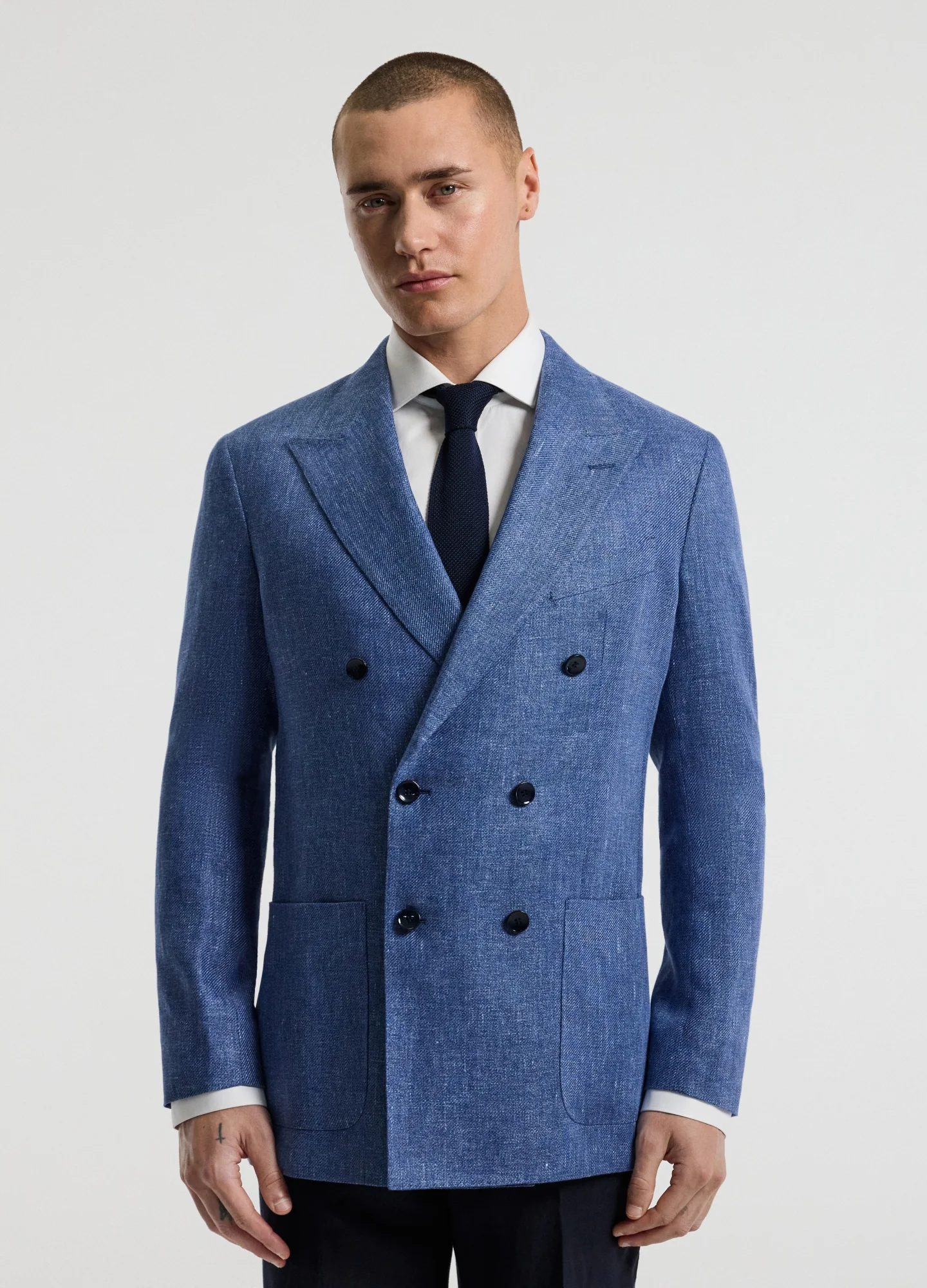 Linen Lyocell Twill Double-Breasted Blazer Blue - Image 3