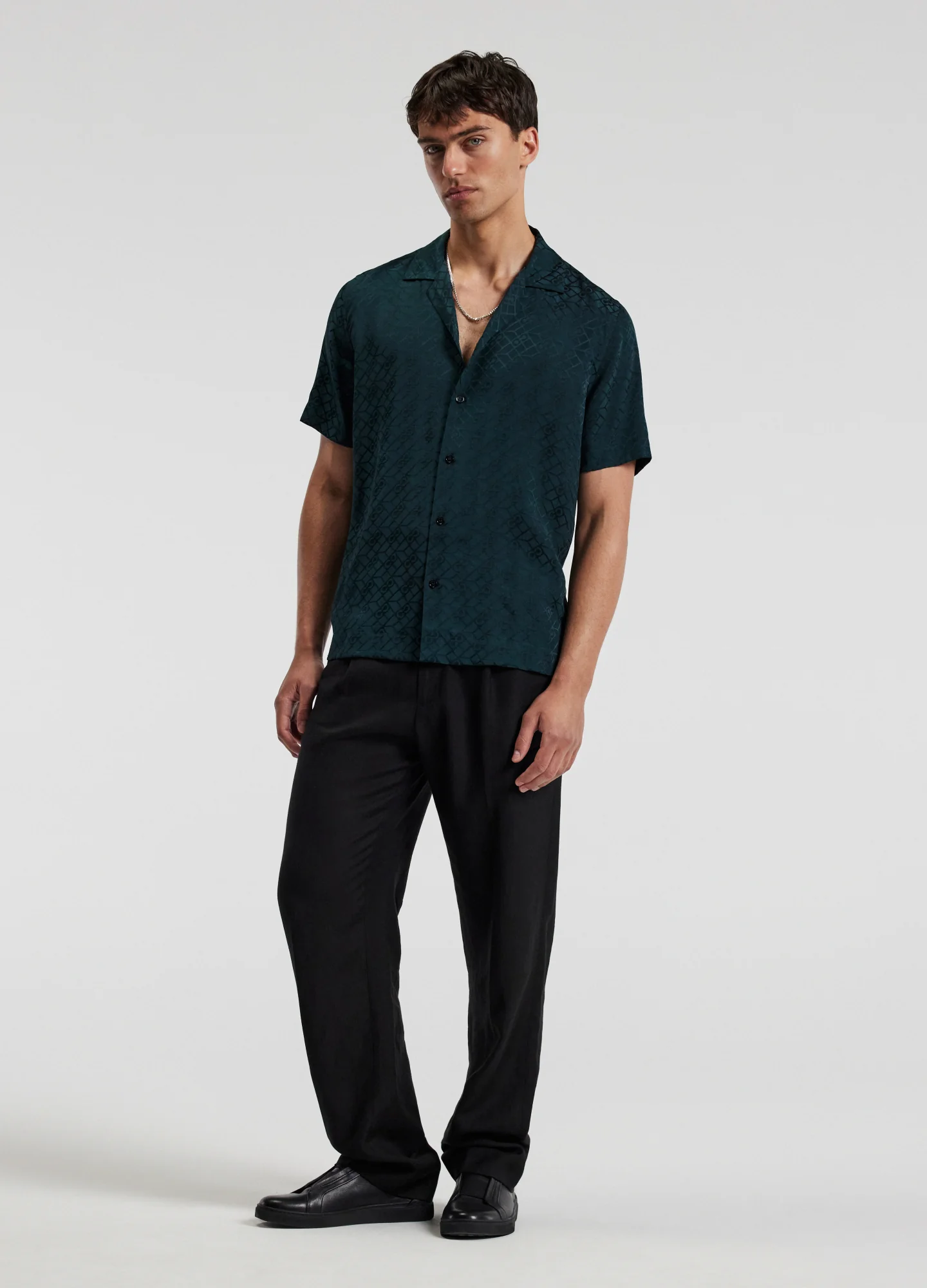 Logo Jacquard Silk Short Sleeve Shirt Hunter Green - Image 2