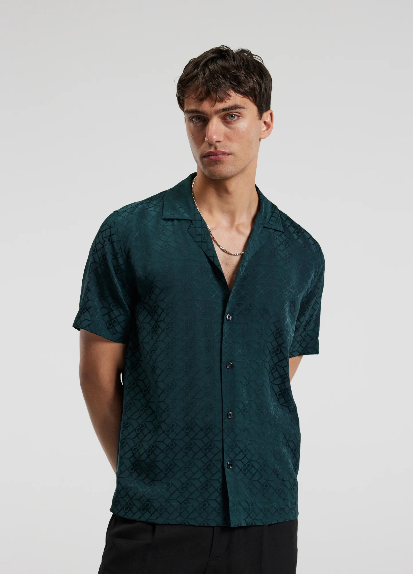 Logo Jacquard Silk Short Sleeve Shirt Hunter Green - Image 3