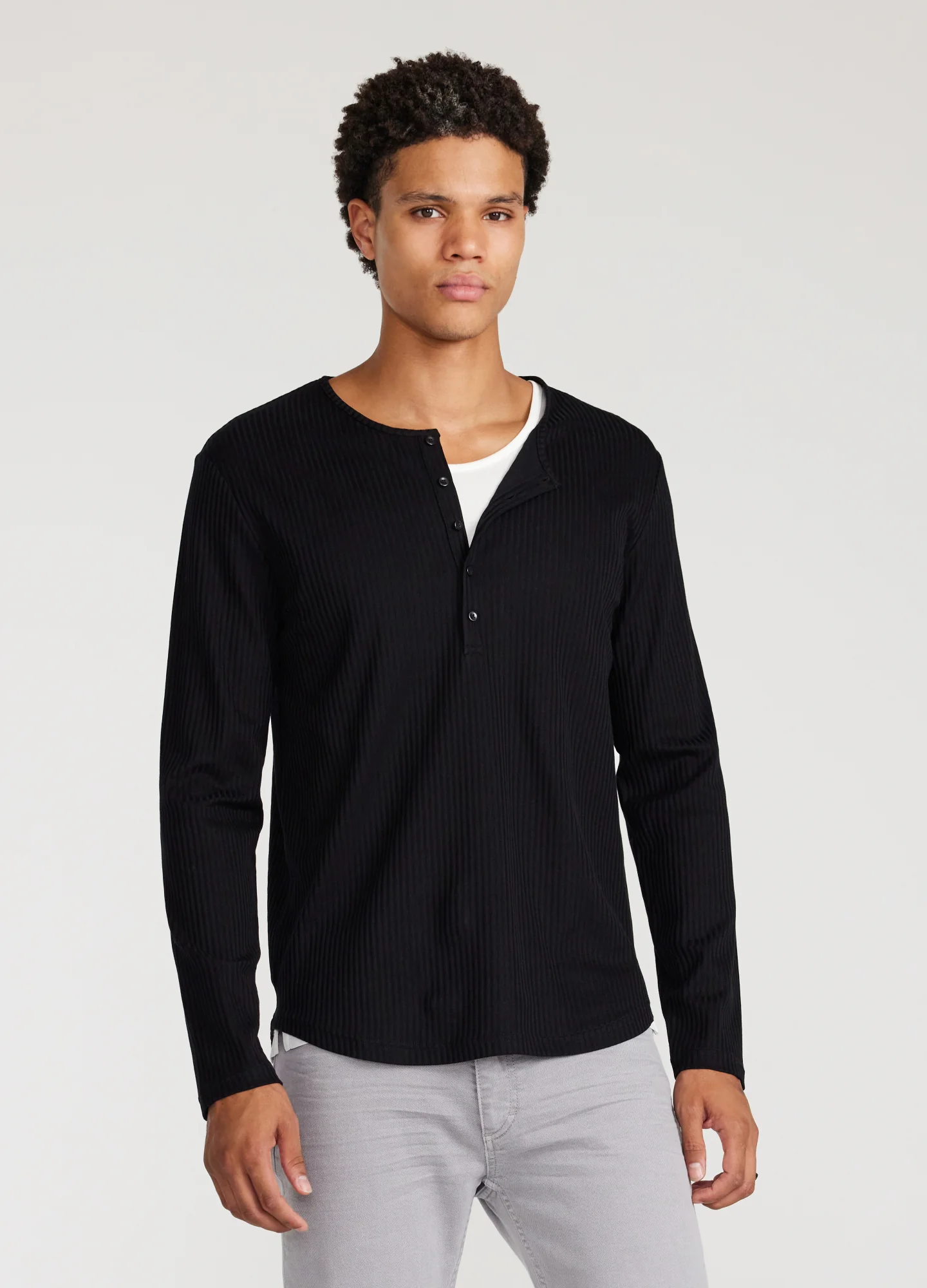 Long Sleeve Ribbed Henley Top Black - Image 3