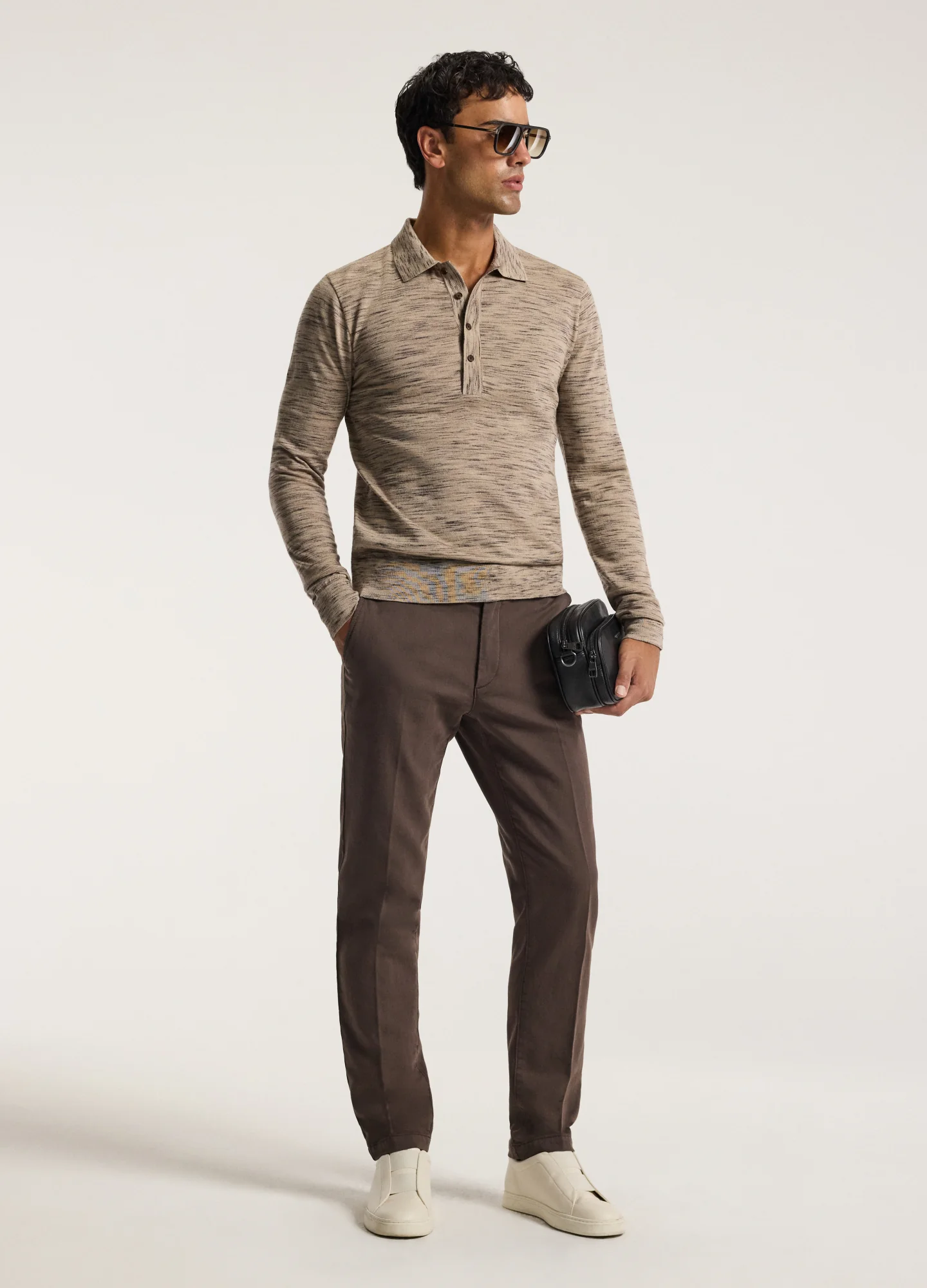 Melange Merino Wool Long Sleeve Polo Flint - Image 2