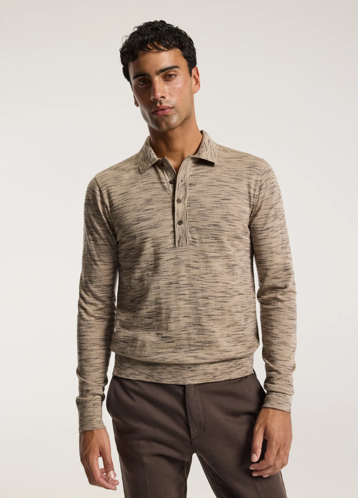 Melange Merino Wool Long Sleeve Polo Flint - Image 3