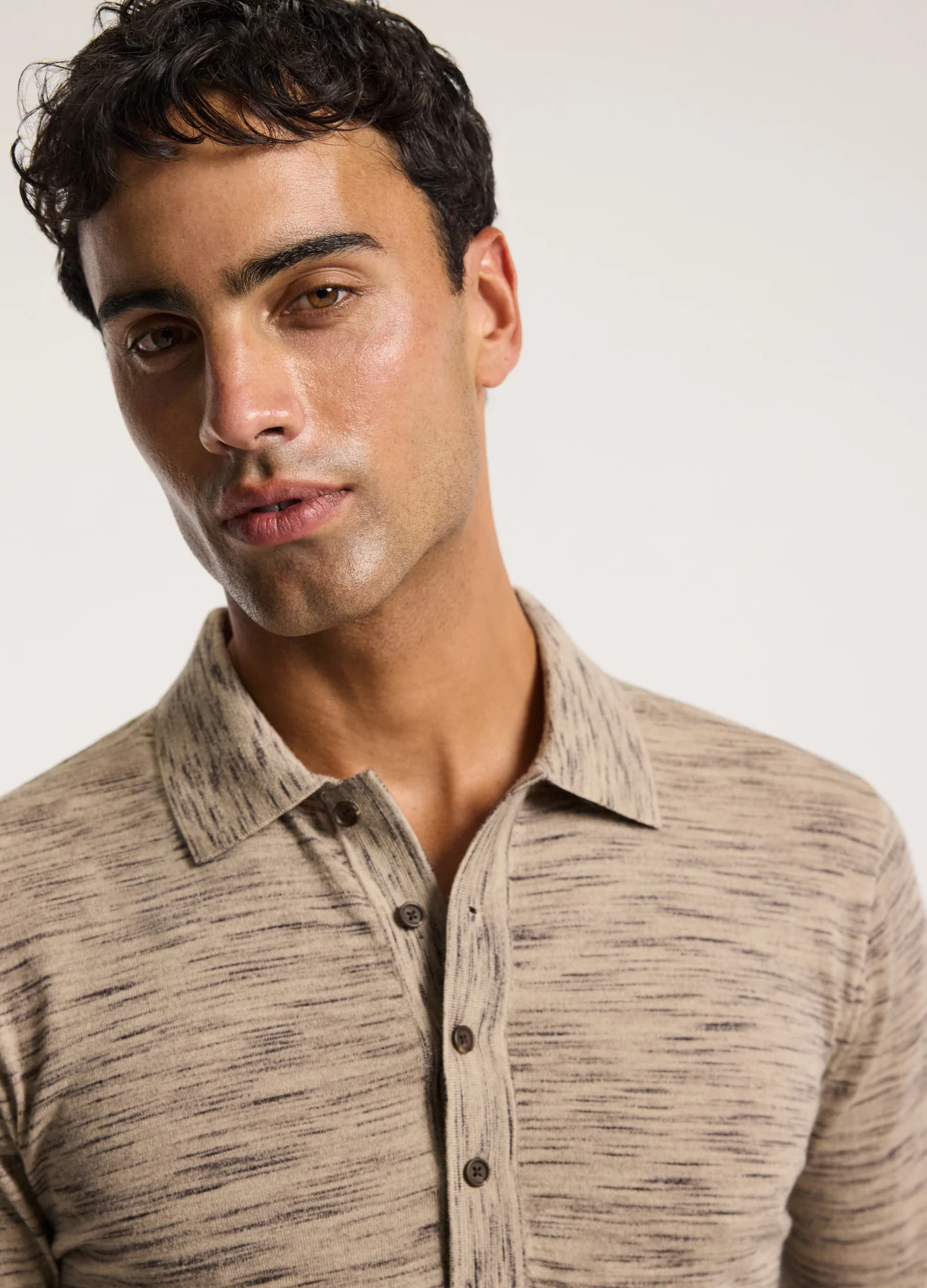 Melange Merino Wool Long Sleeve Polo Flint - Image 4