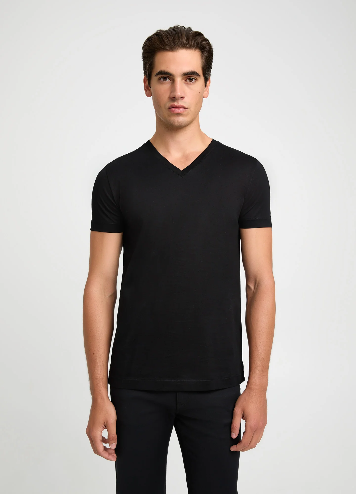 Mercerised Cotton Jersey V Neck T-shirt Black - Image 3