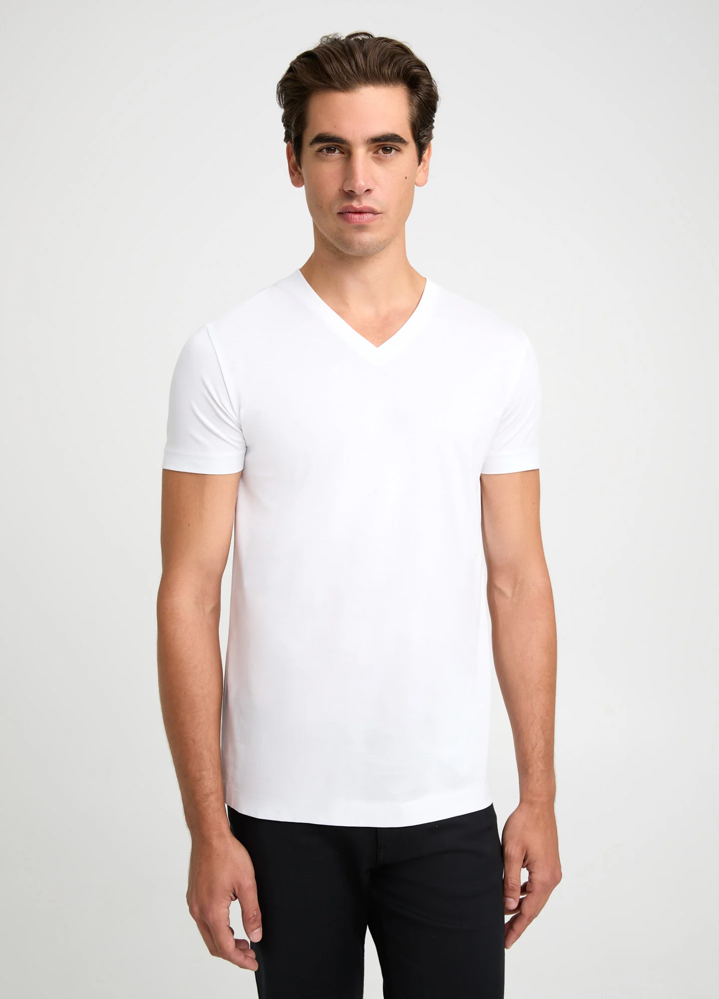 Mercerised Cotton Jersey V Neck T-shirt White - Image 3