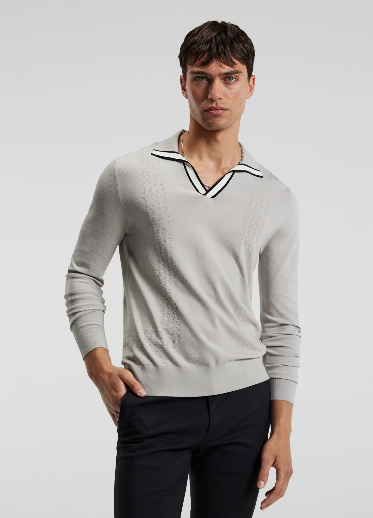 Open Neck Long Sleeve Polo Silver - Image 3