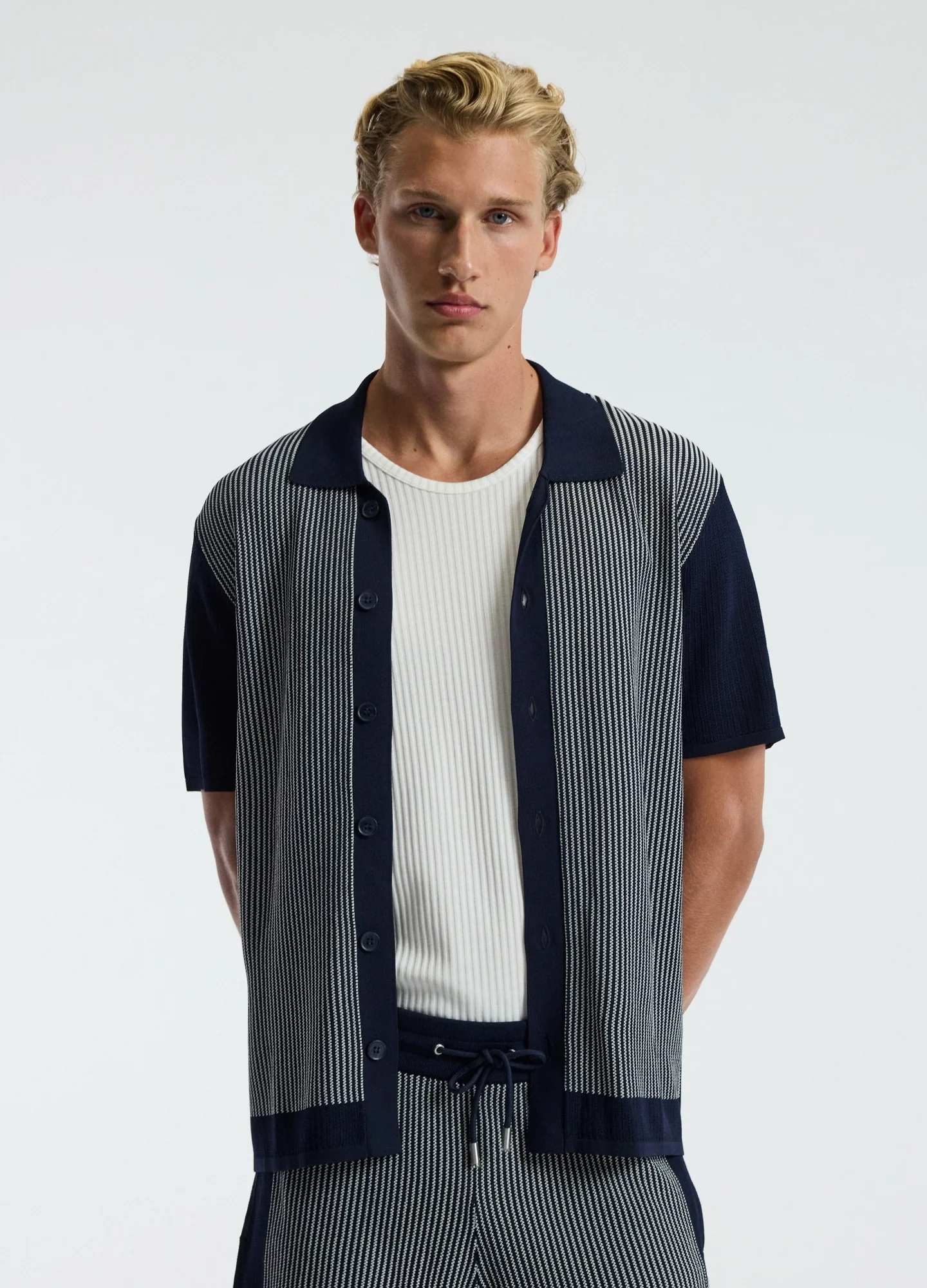 Panelled Stripe Knit Shirt Navy - Image 3