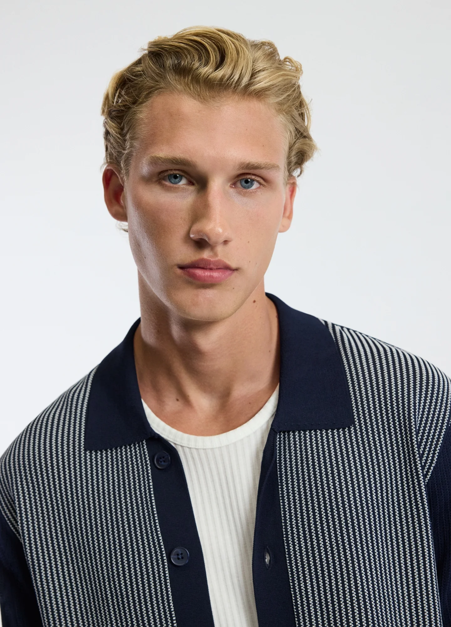 Panelled Stripe Knit Shirt Navy - Image 4