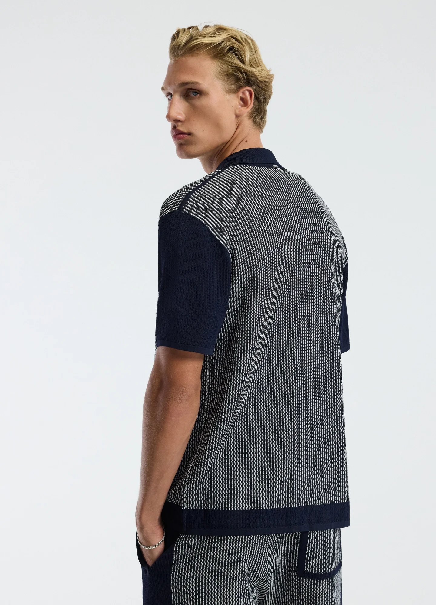 Panelled Stripe Knit Shirt Navy - Image 5