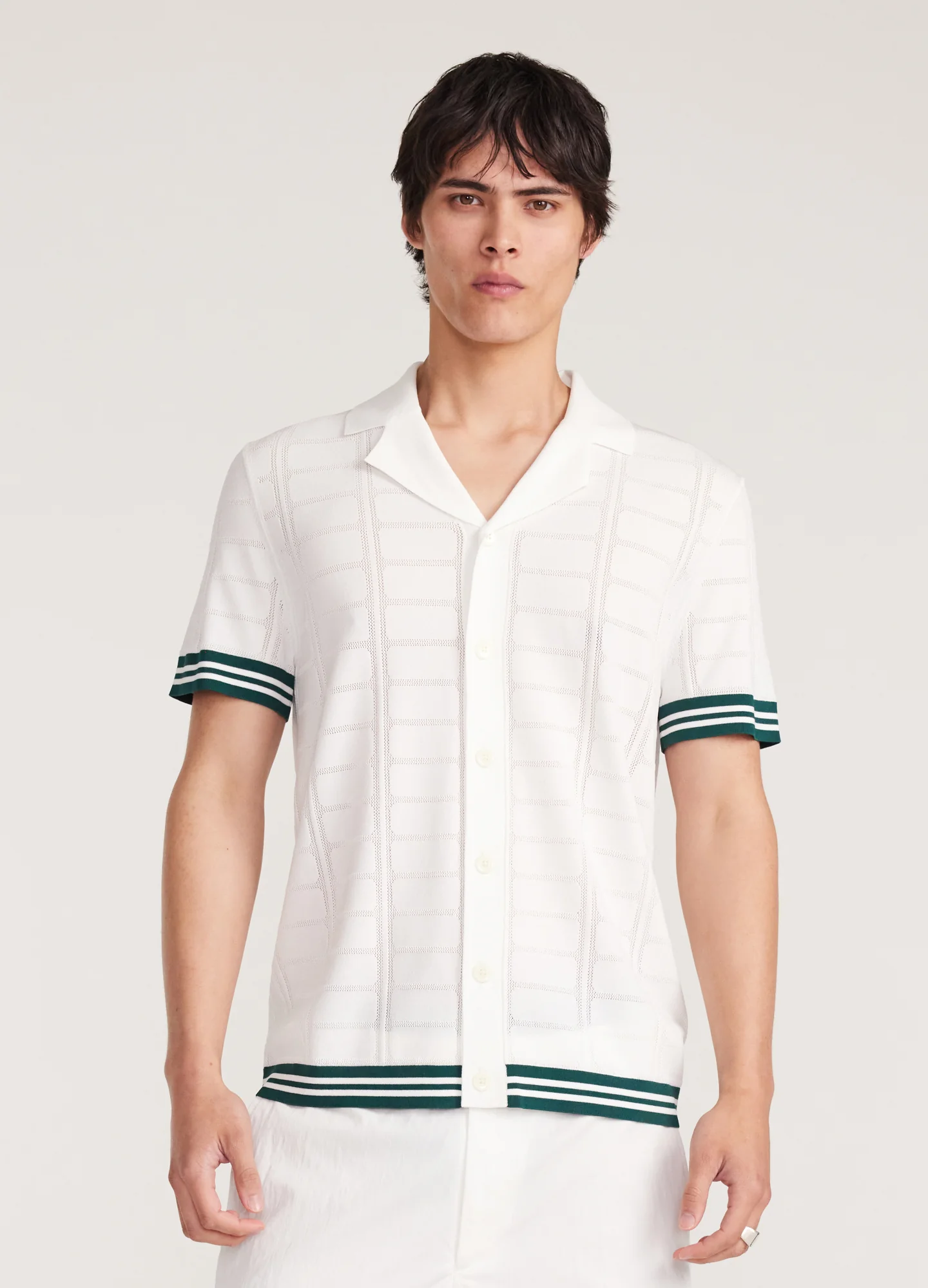 Patterned Mesh Tech Knit Shirt Ivory - Image 3