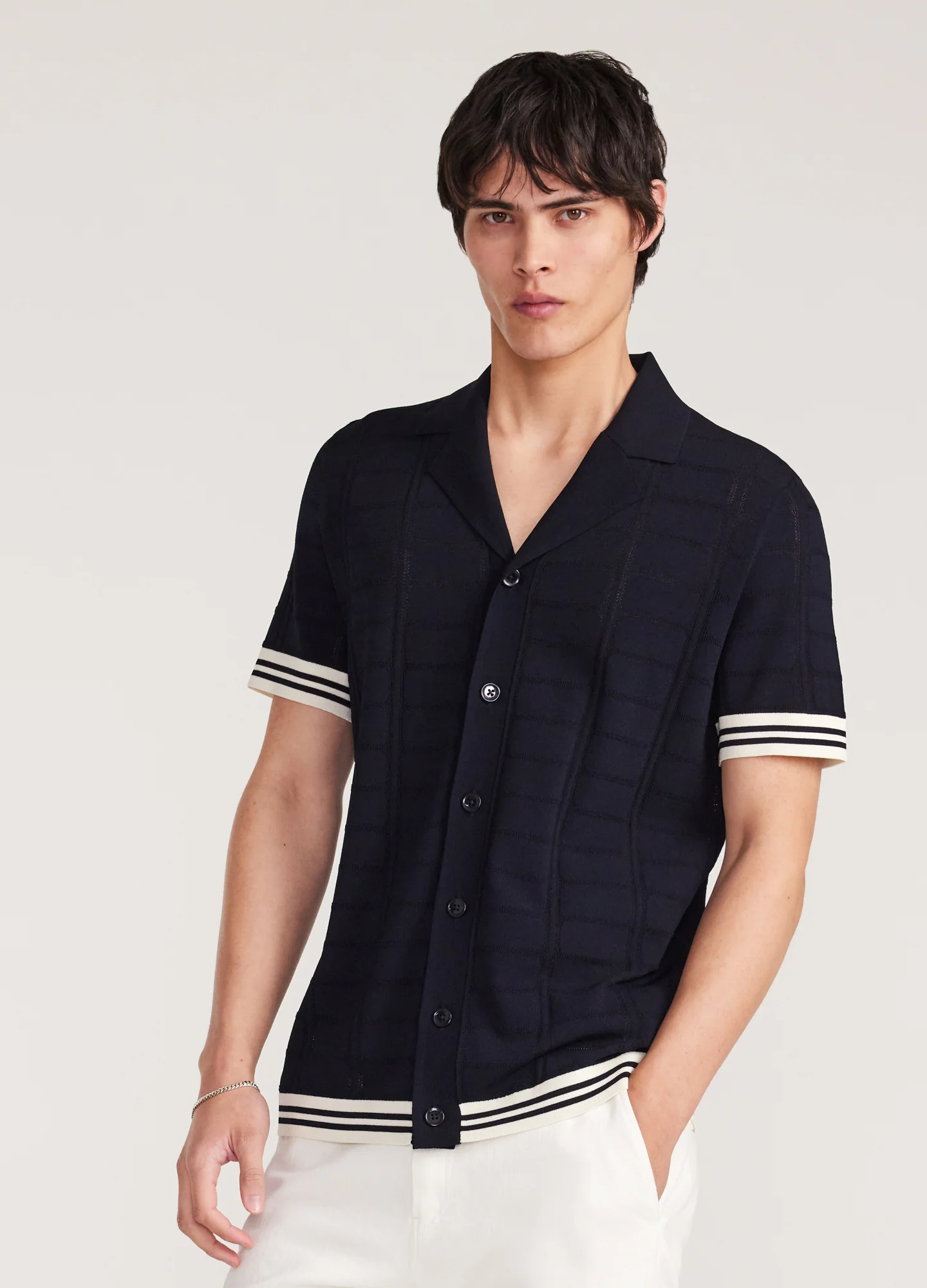 Patterned Mesh Tech Knit Shirt Navy - Image 3