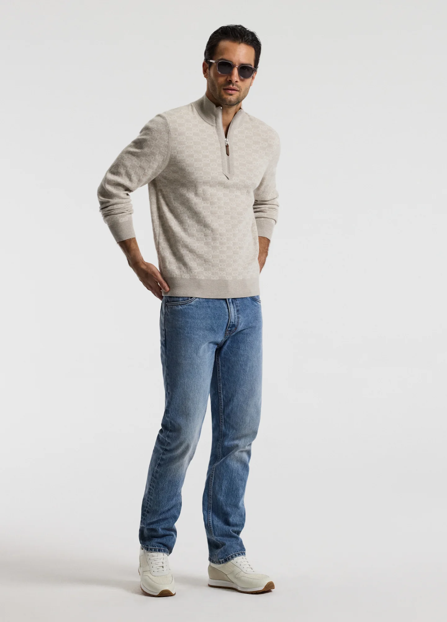 Quarter Zip Monogram Jacquard Sweater Stone - Image 2