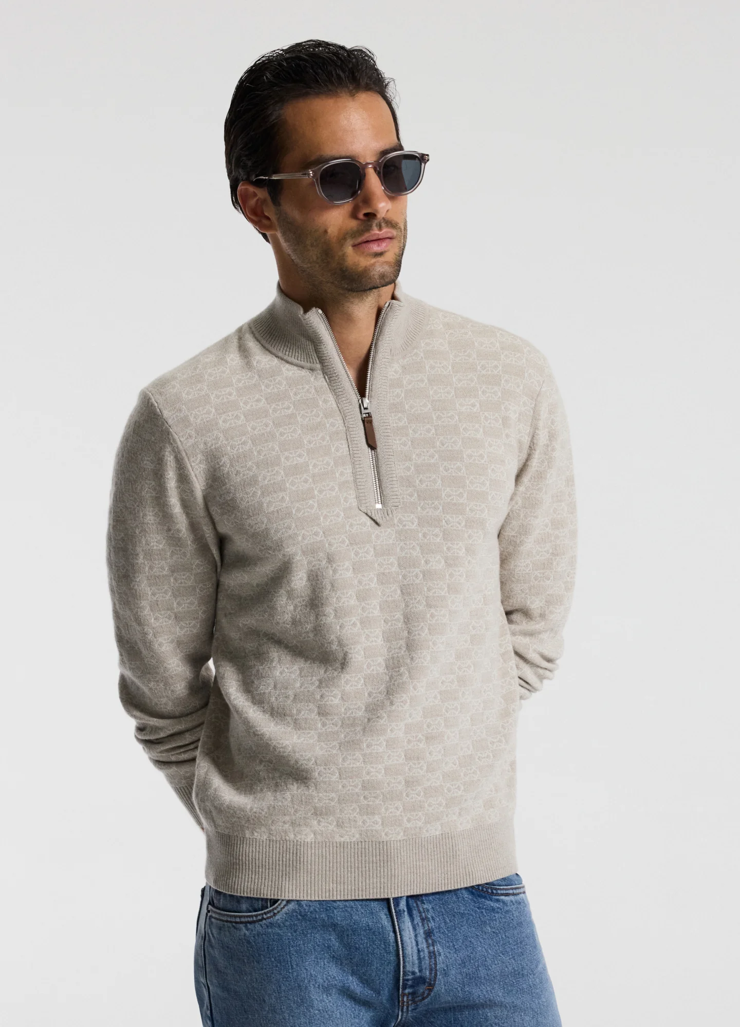 Quarter Zip Monogram Jacquard Sweater Stone - Image 3