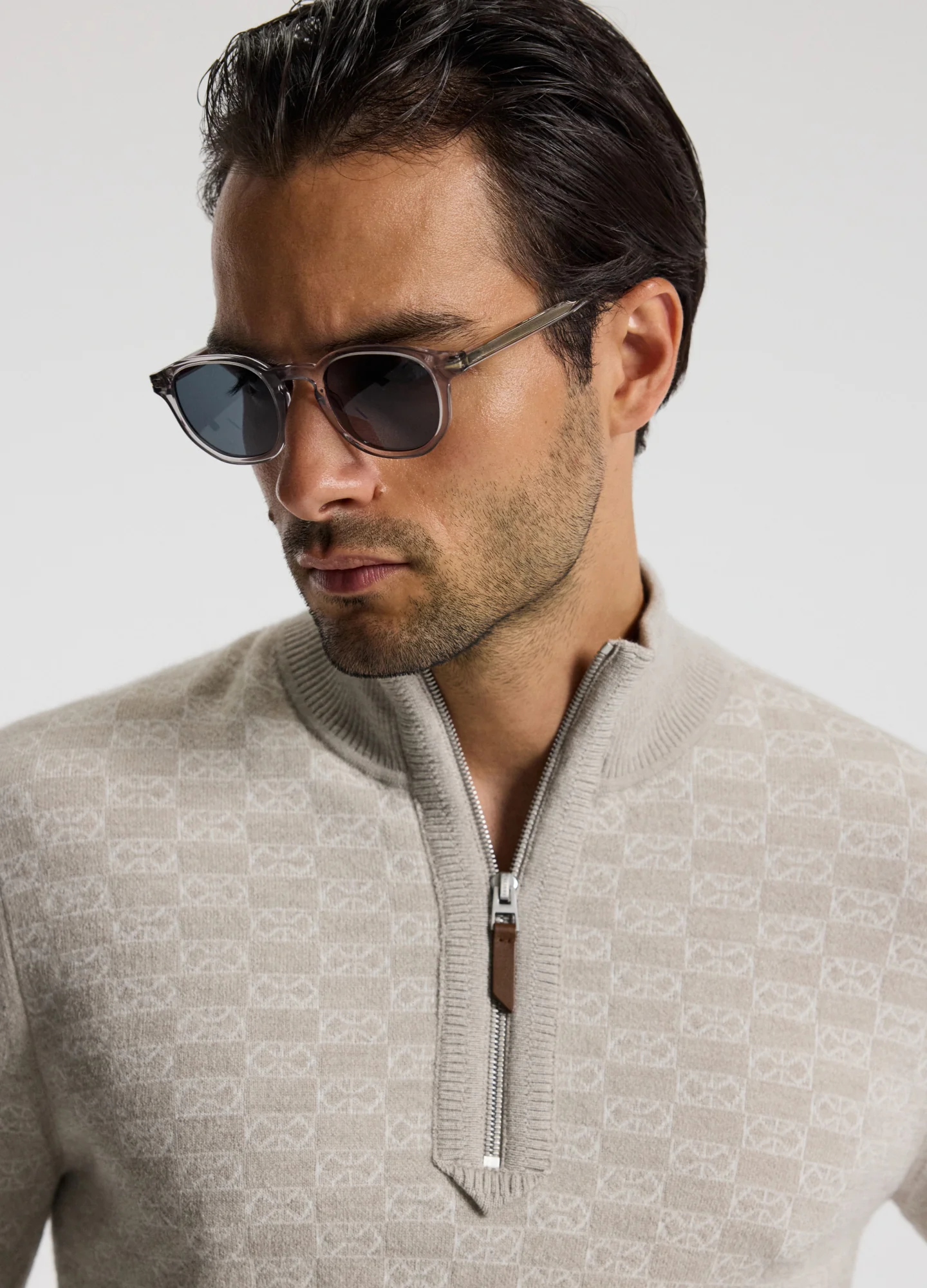 Quarter Zip Monogram Jacquard Sweater Stone - Image 4