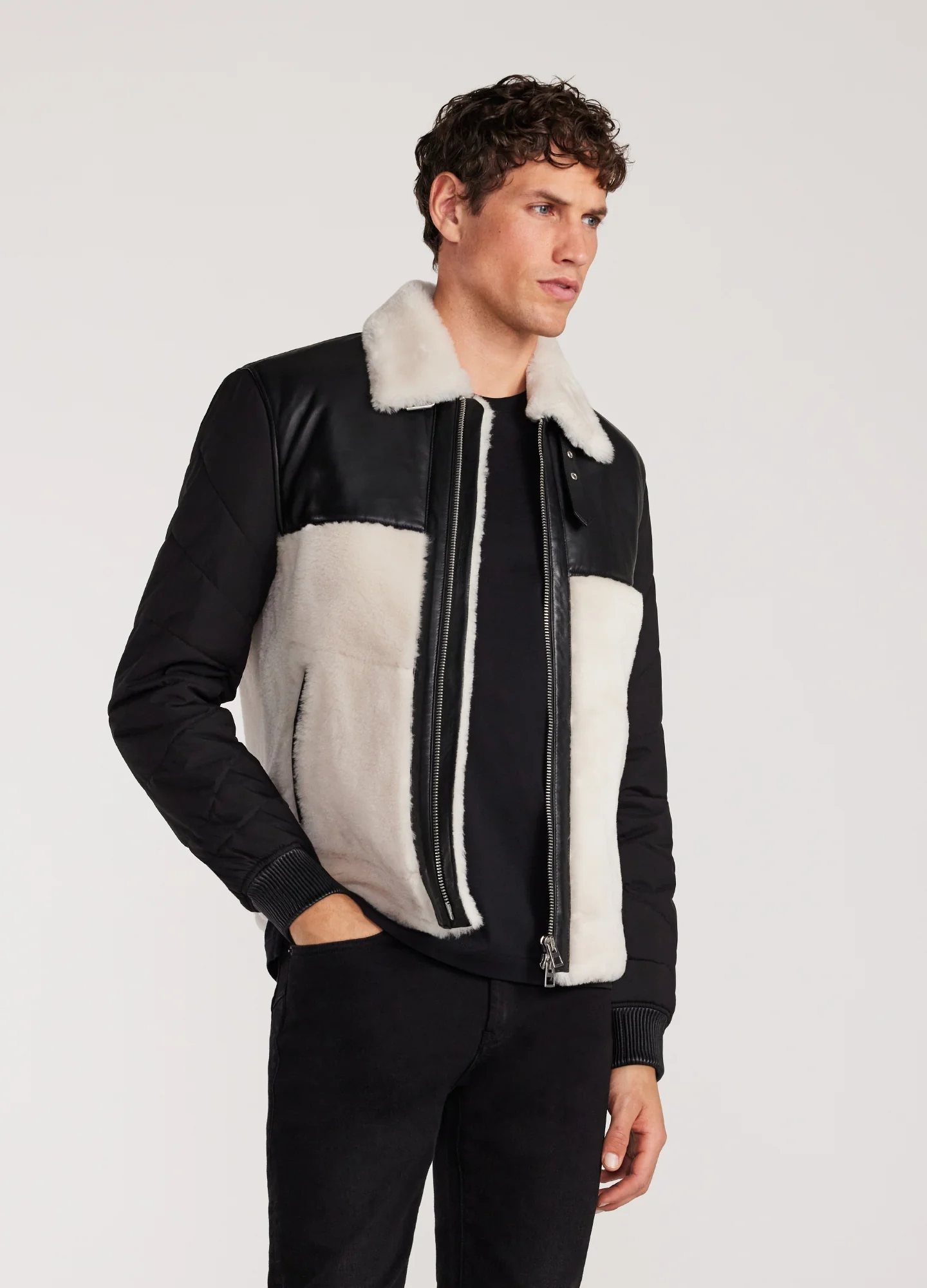 Quilted Shearling Biker Jacket Ivory - Image 3