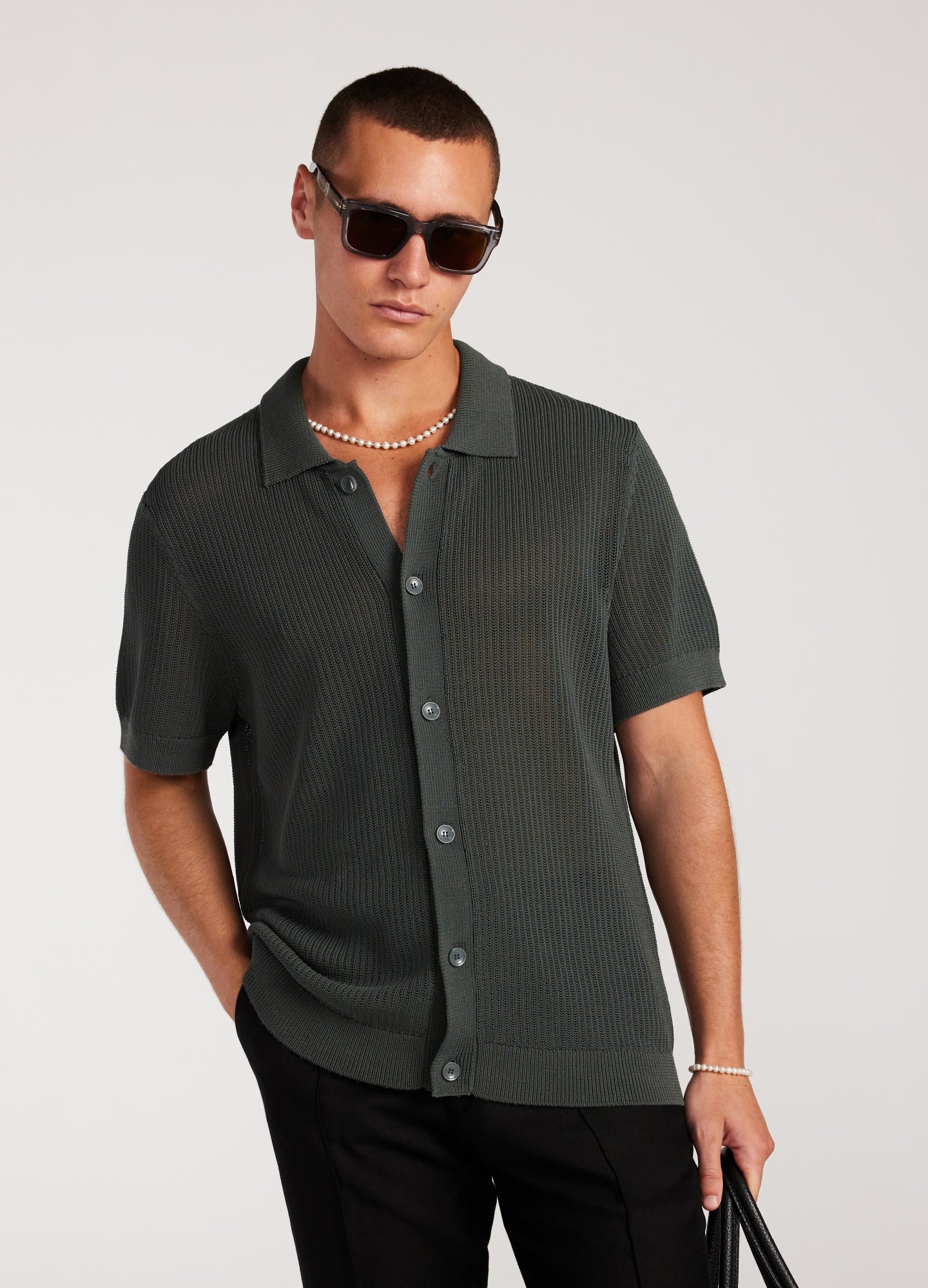 Relaxed Textured Knit Shirt Pine Green - Image 3