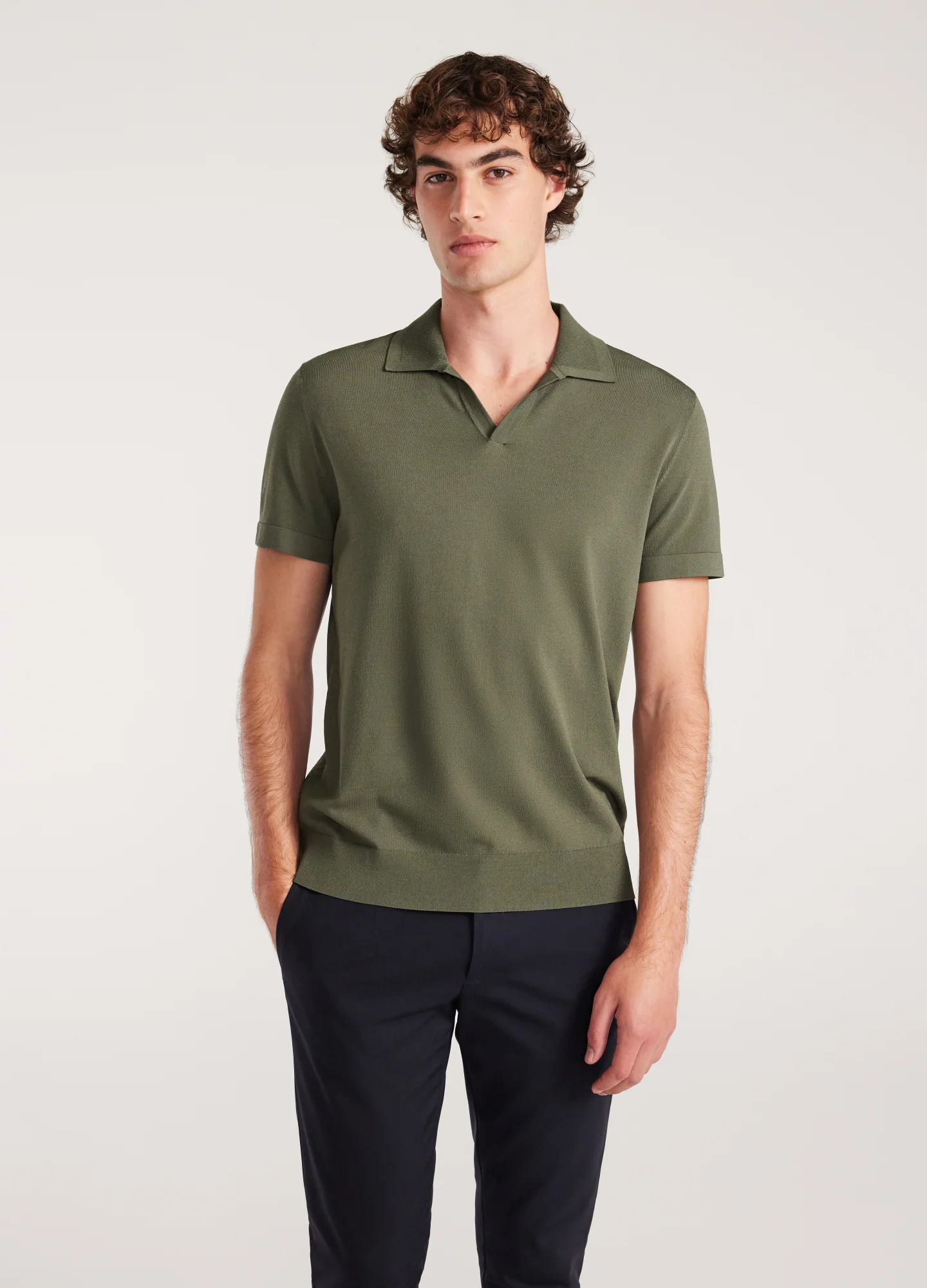 Rib Collar Tech Knit Polo Light Khaki - Image 3
