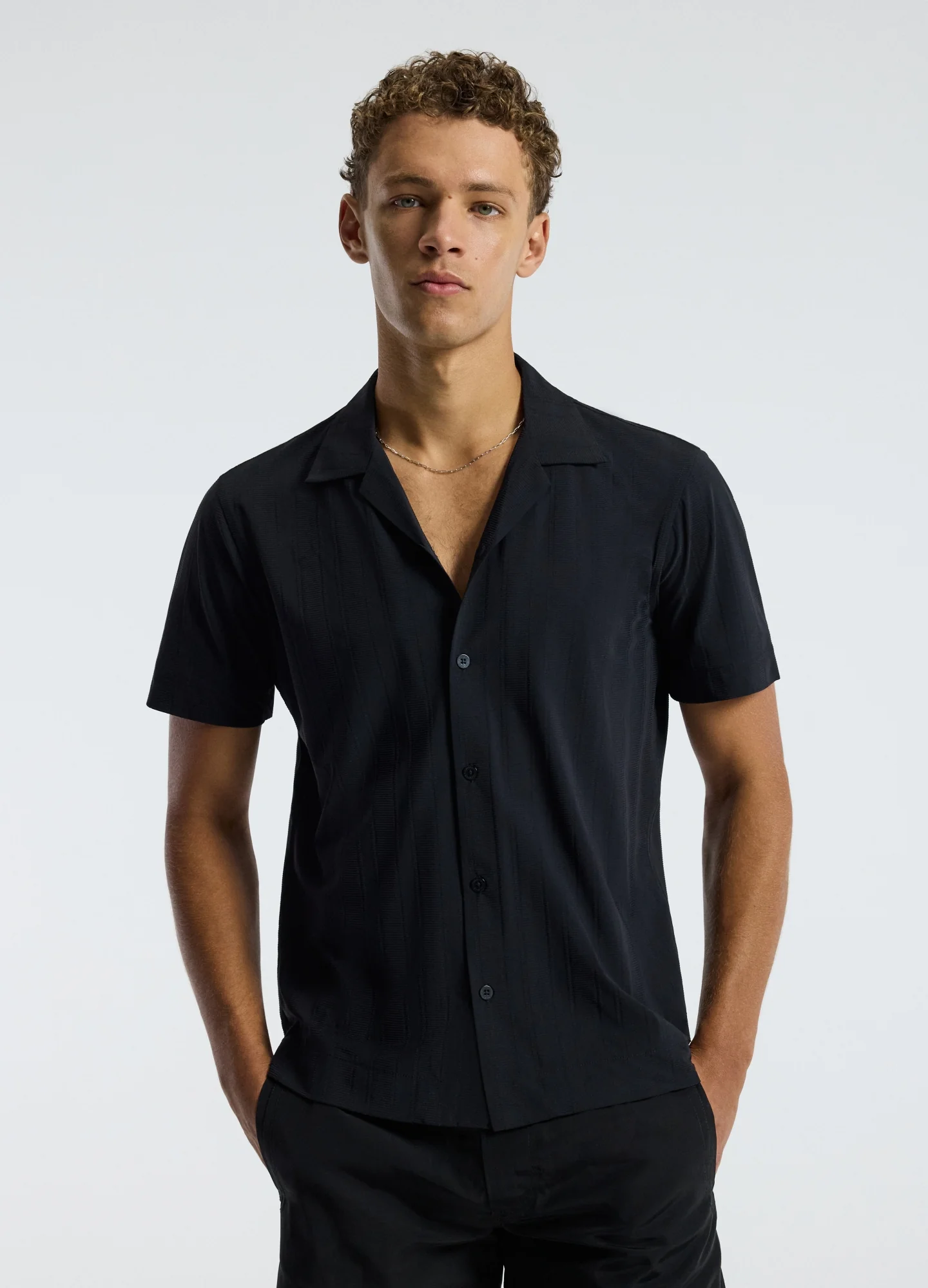 Self Stripe Cuban Collar Shirt Black - Image 3
