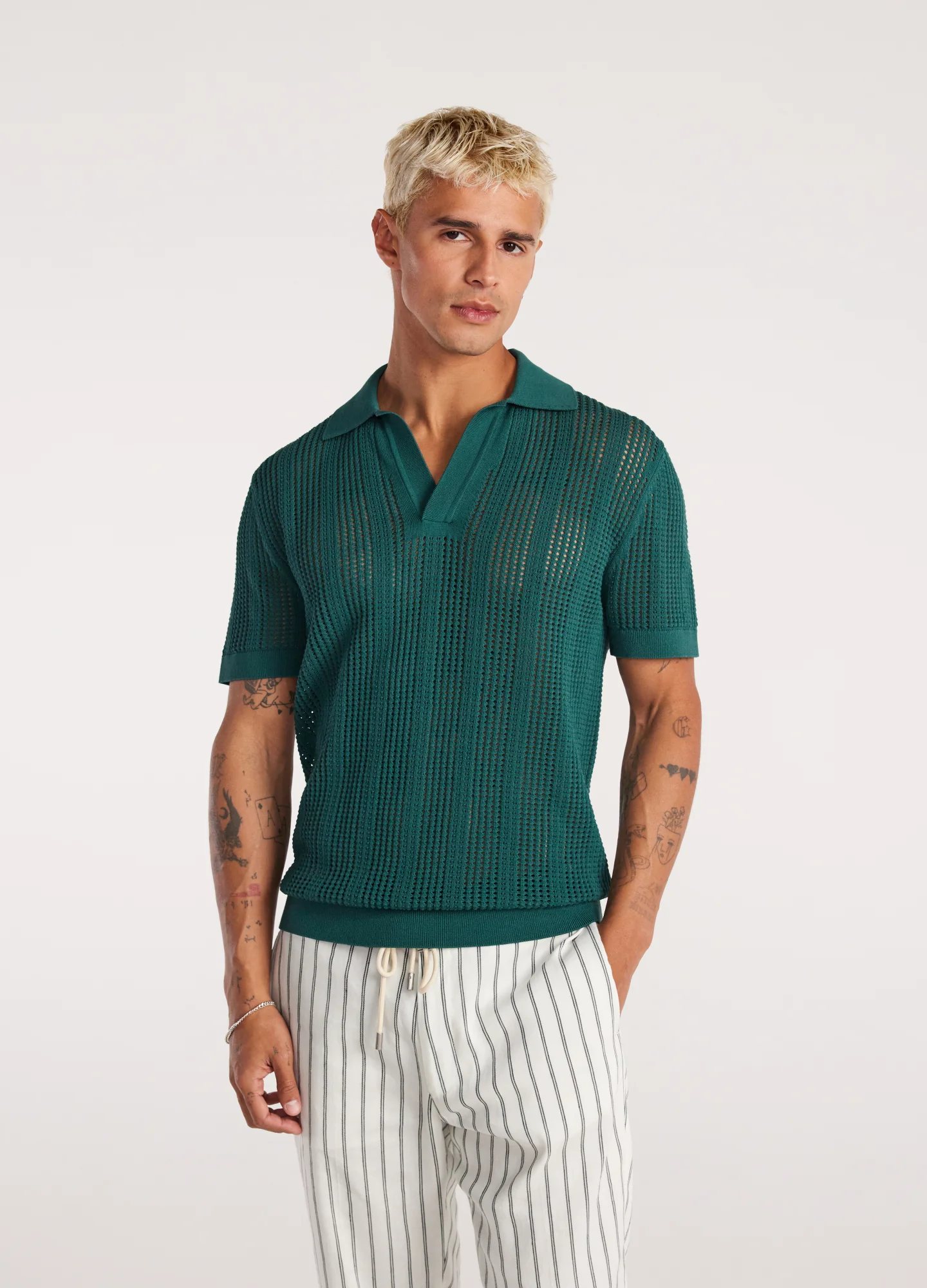 Self Stripe Mesh Knit Polo Jade - Image 3